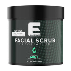 Facial scrub container, black and green, mint fragrance, with dot pattern on the side