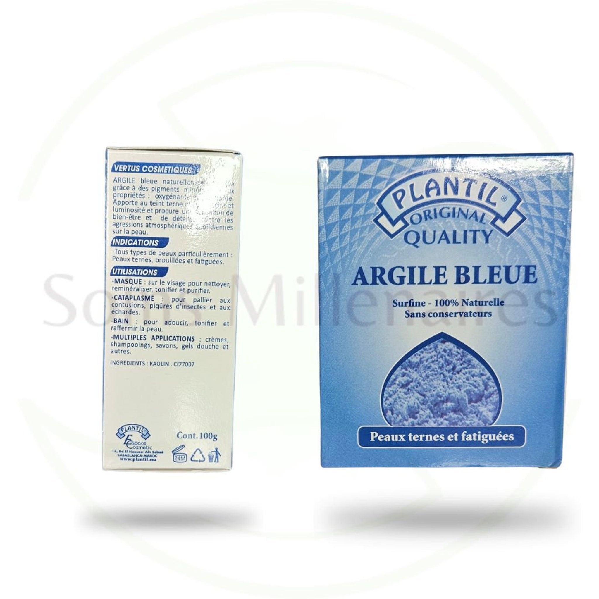 Blue clay powder boxes, Plantil brand, white and blue packaging, for skin care