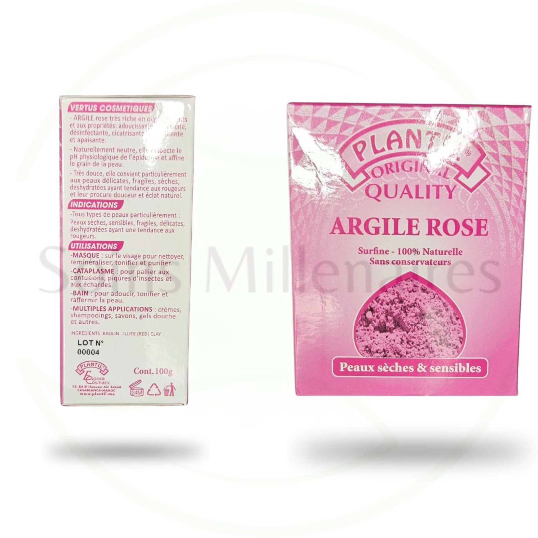 Pink clay powder in a box with Plantil branding and text in French