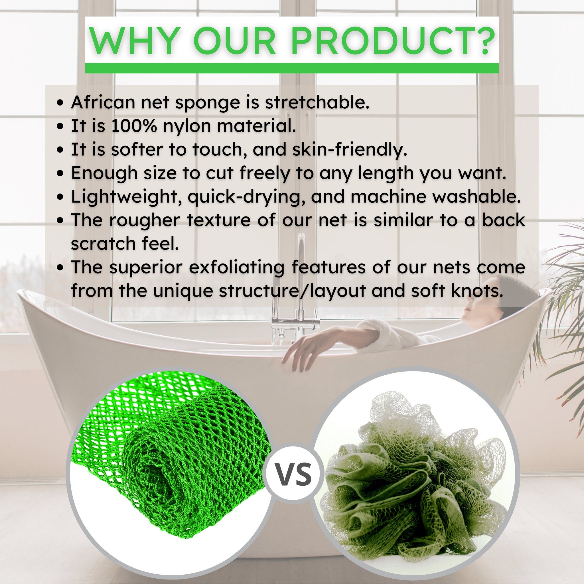 African net sponge, green nylon mesh, rolled up, compared to a loofah in a bathroom setting
