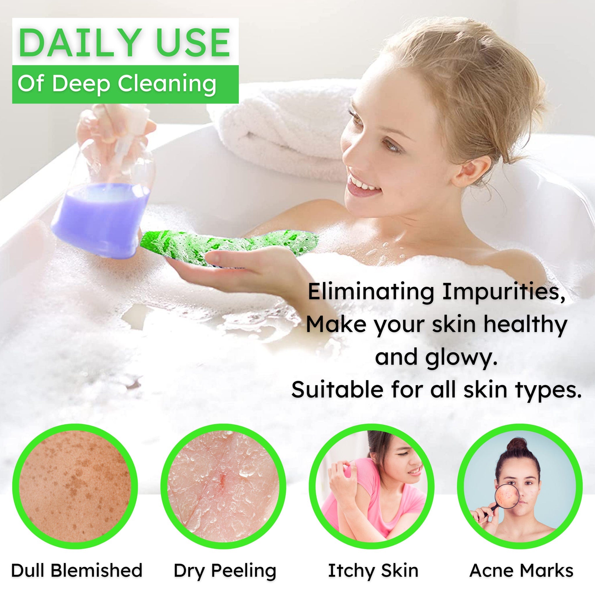 Deep cleaning product with woman in bath, purple bottle, green sponge, and white bubbles