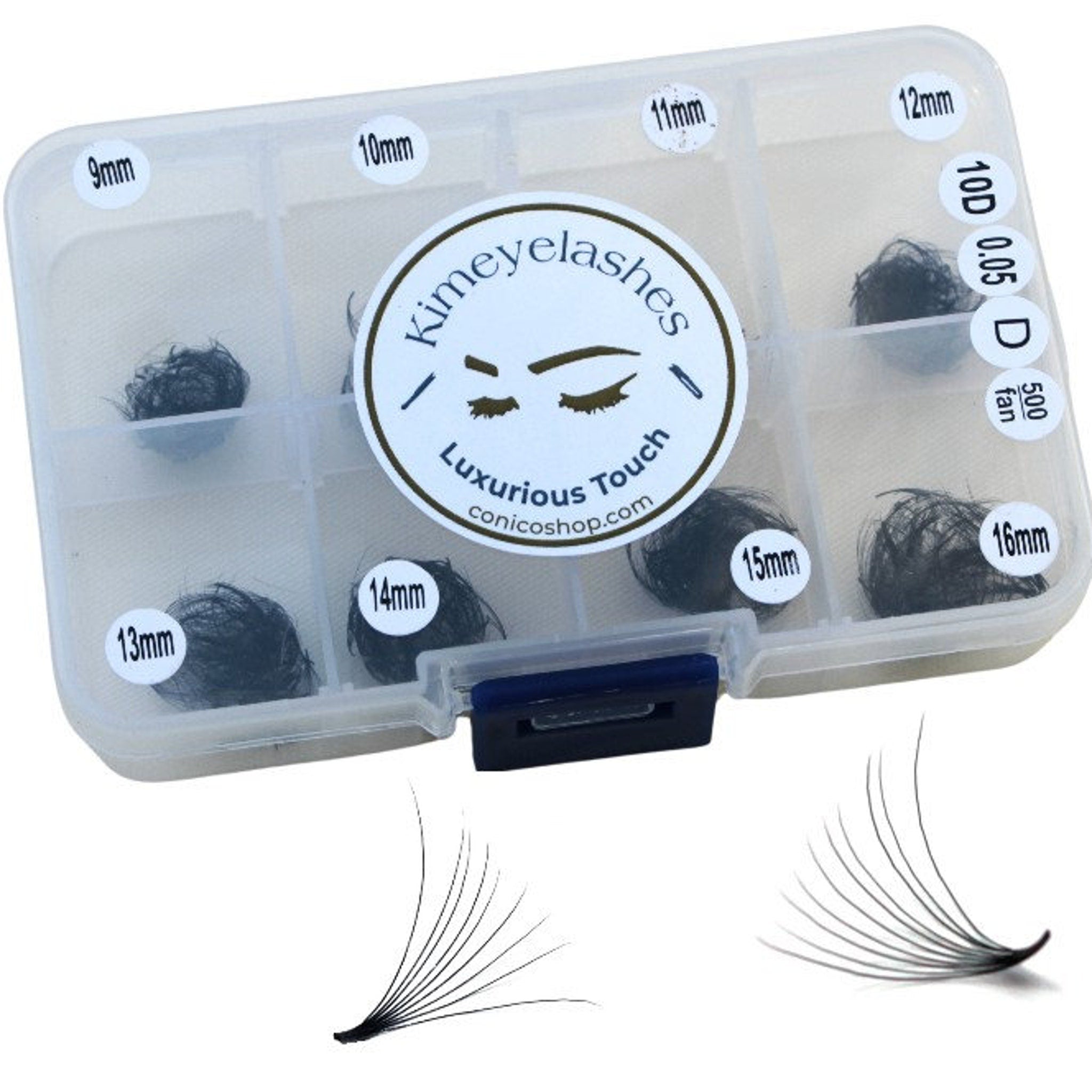 Eyelash extensions in clear plastic case with black lashes and brand name "kimeyelashes" visible