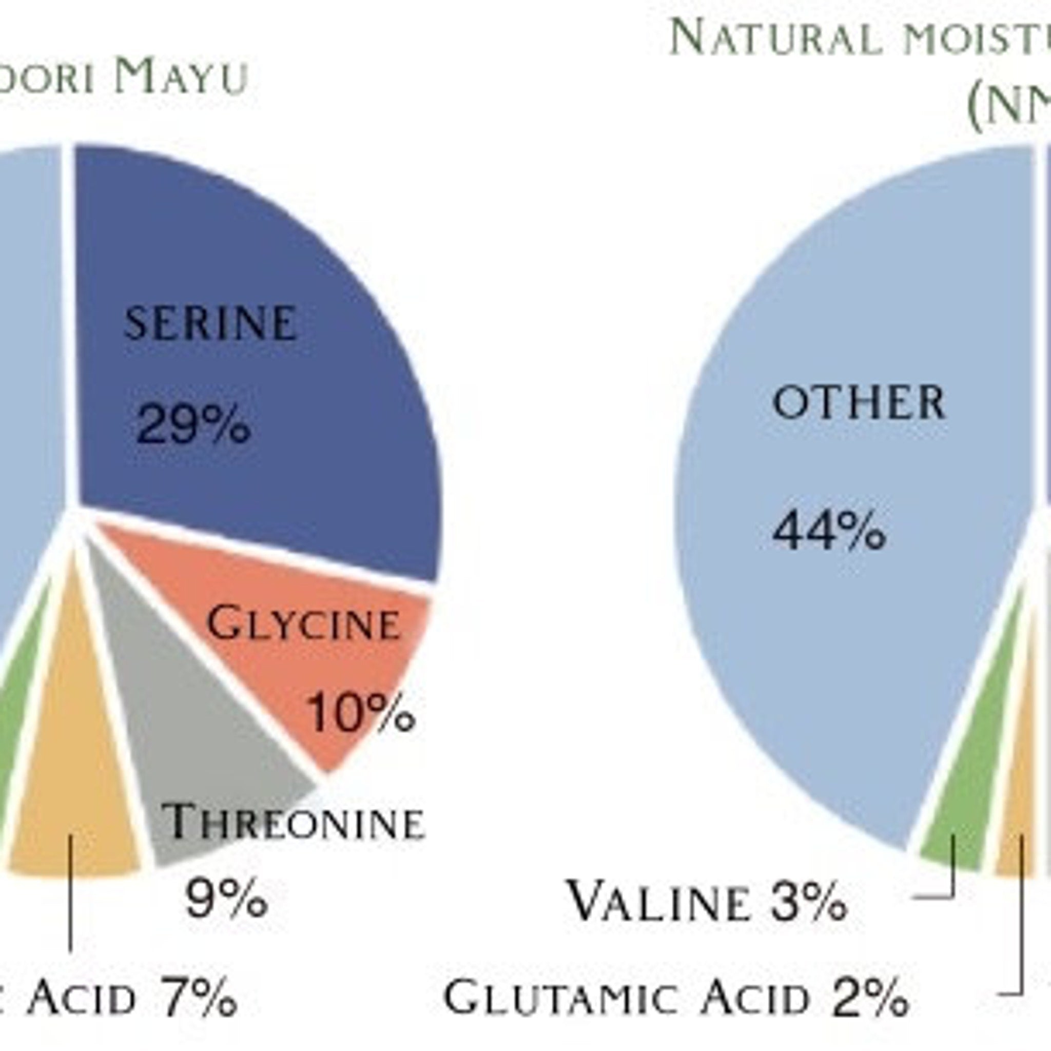 Pie chart showing amino acid percentages, with blue, orange, and green sections, for analysis