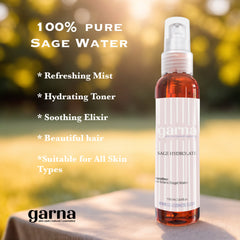 Sage water spray bottle, clear glass with brown liquid, white label with Garna logo and text