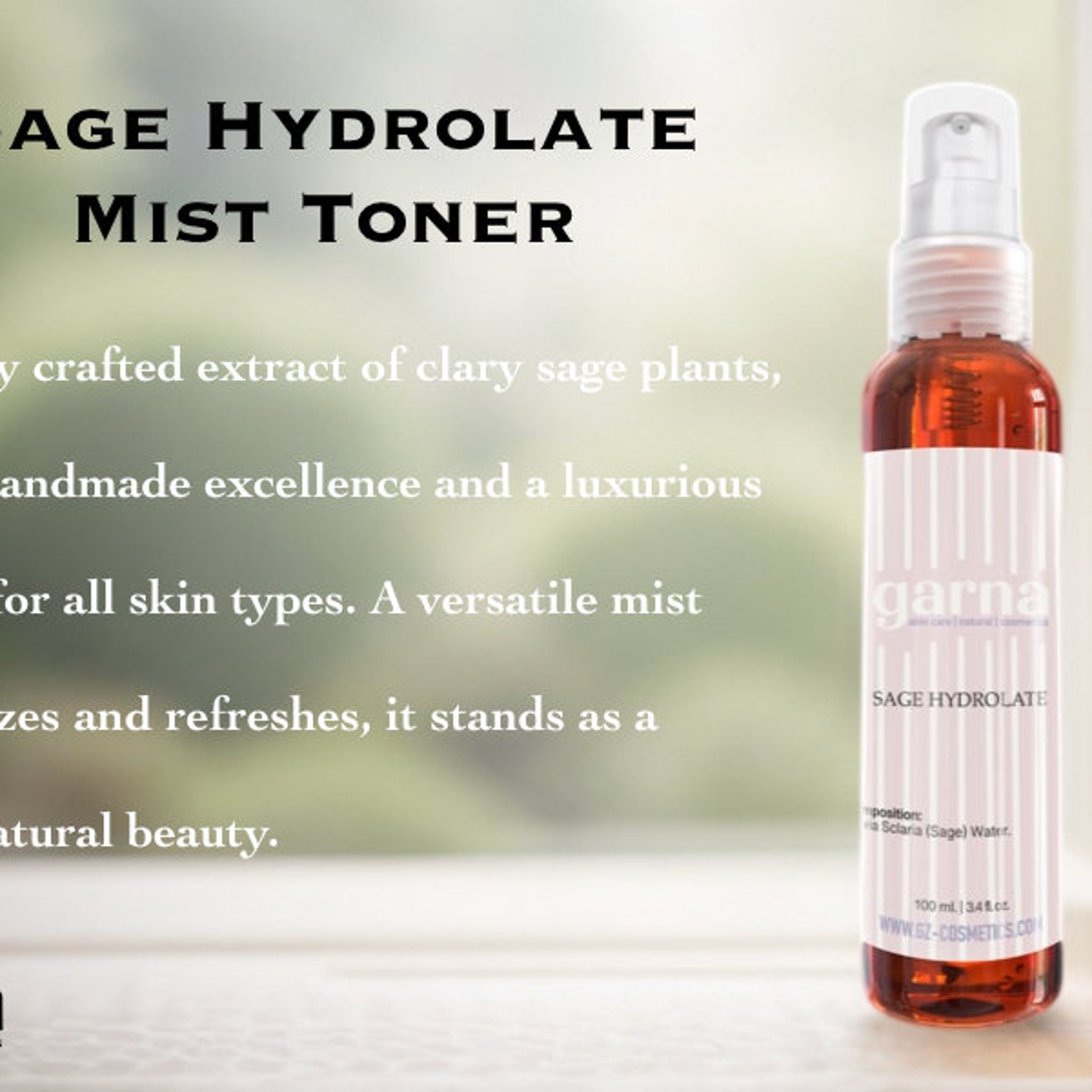 Sage Hydrolate Mist Toner in a clear glass bottle with a white pump, Garna brand visible