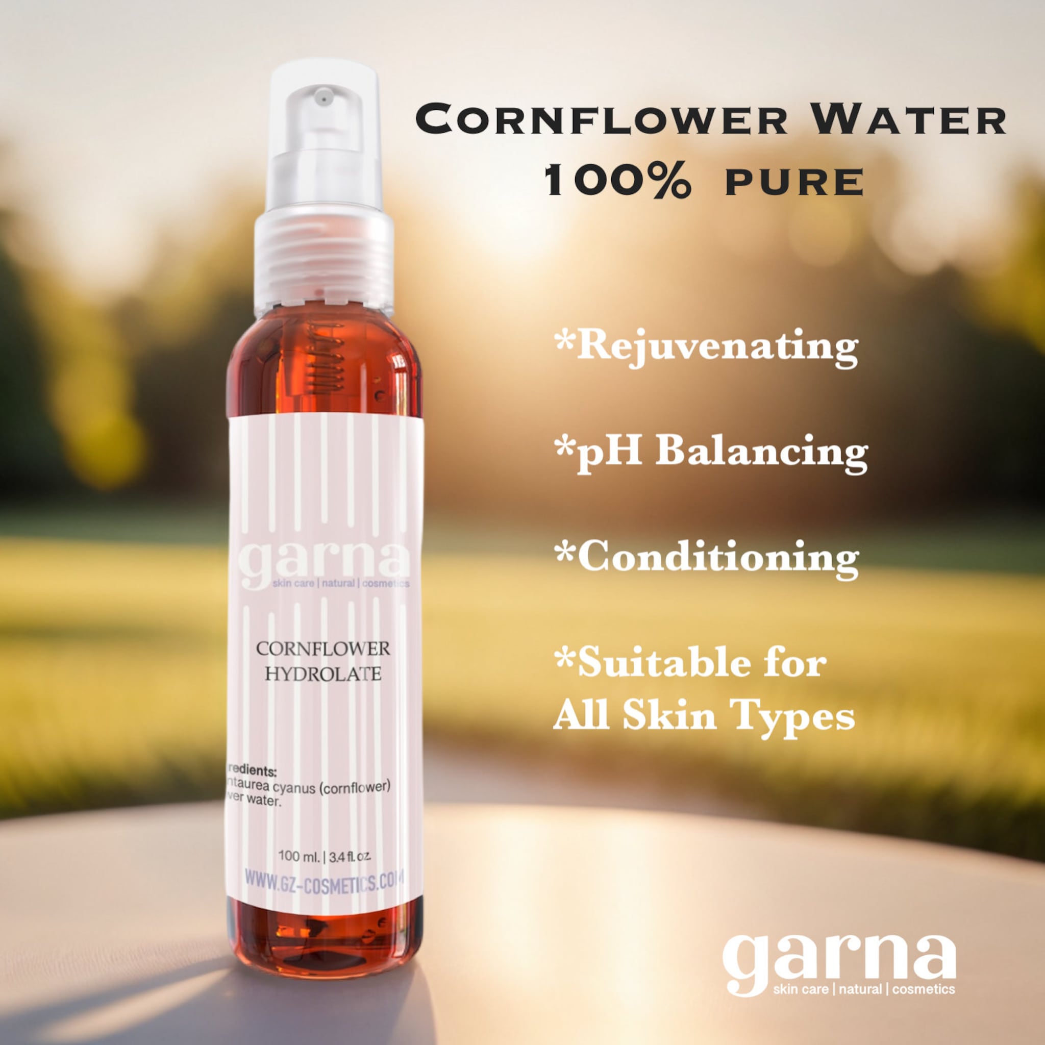 Cornflower water spray bottle, clear with red liquid, white pump, garna brand label