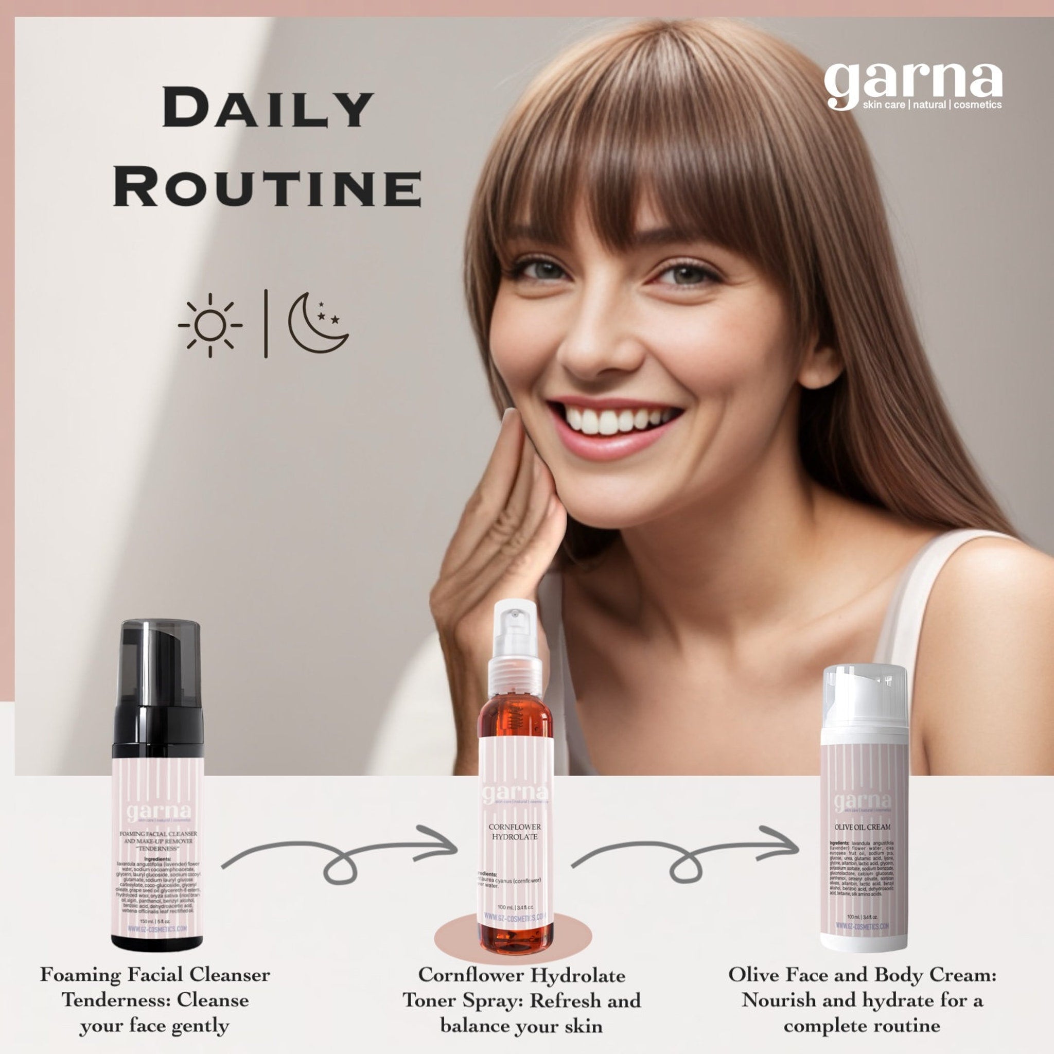 Skincare routine products with pink and white bottles, garna brand, woman smiling
