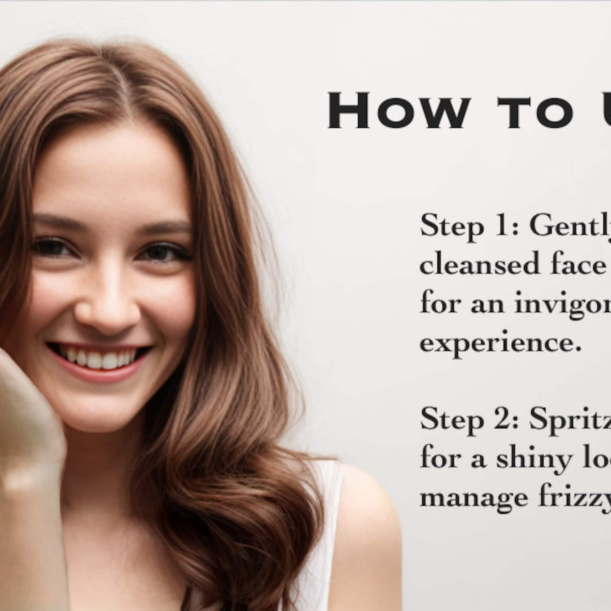Woman with brown hair smiling, wearing white top, with instructions text visible