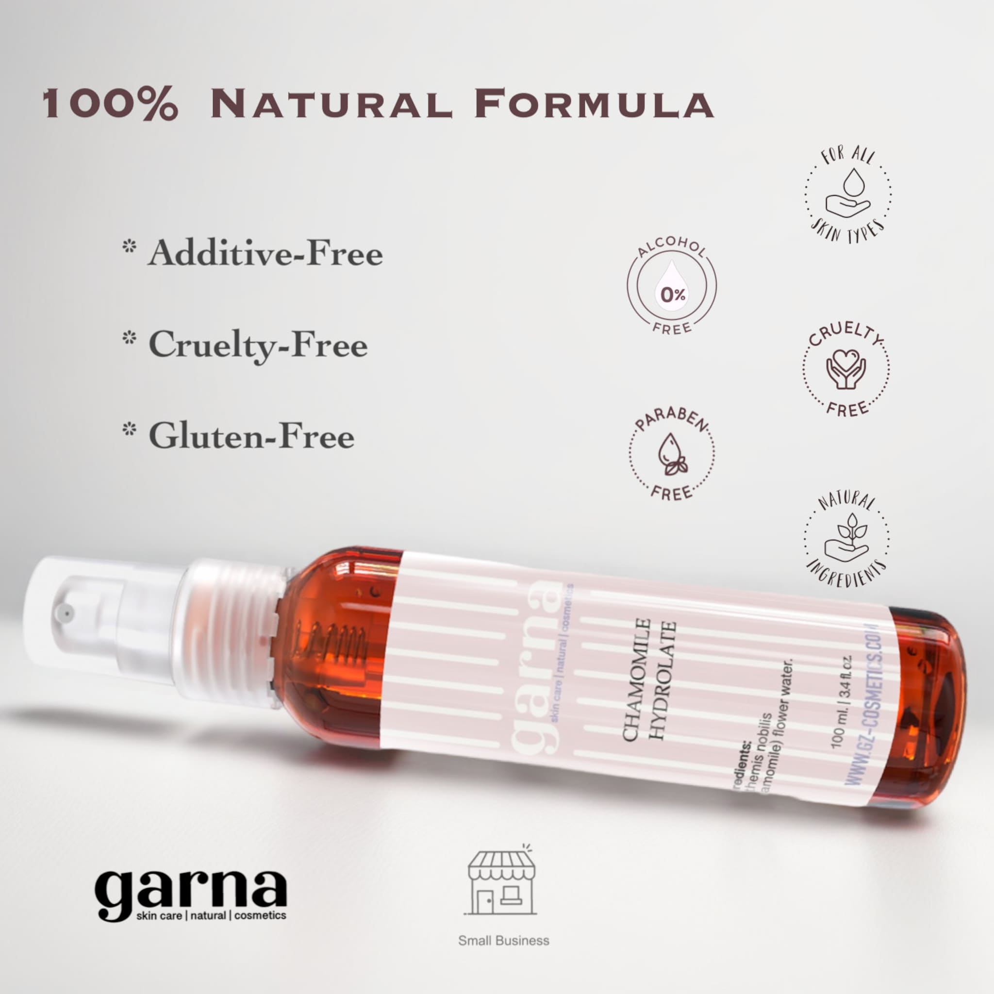 Chamomile Hydrolate spray bottle, clear glass, amber liquid, with garna label on it