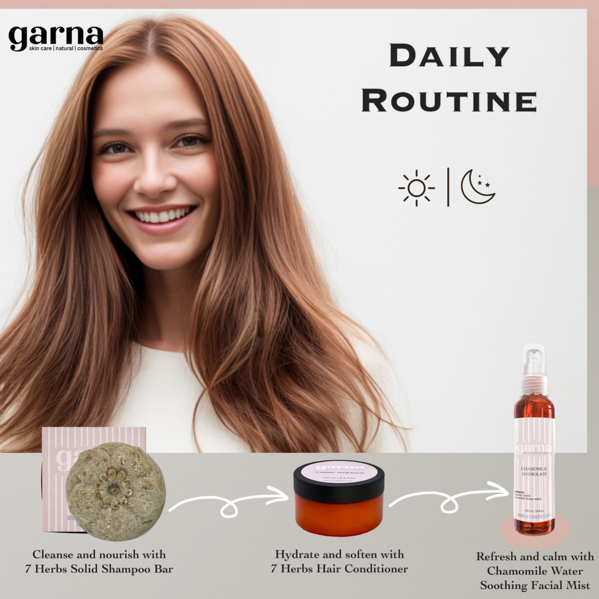 Daily routine with woman and products, brown hair, white background, garna products shown