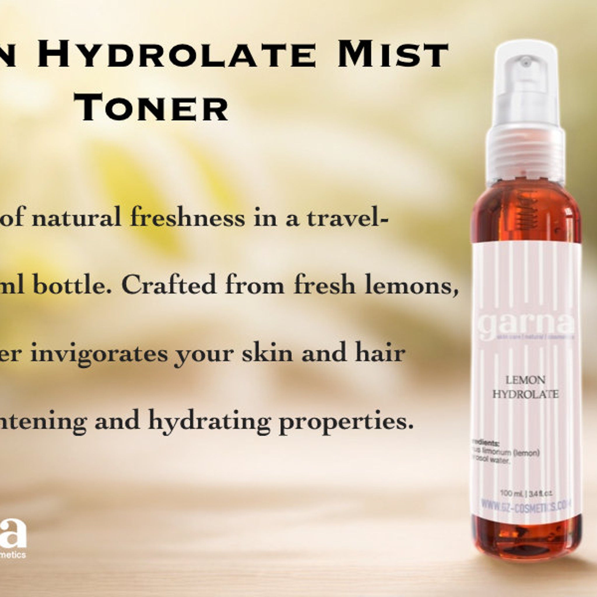 Lemon Hydrolate Mist Toner bottle, transparent amber liquid, white label with vertical stripes, garna brand name visible.