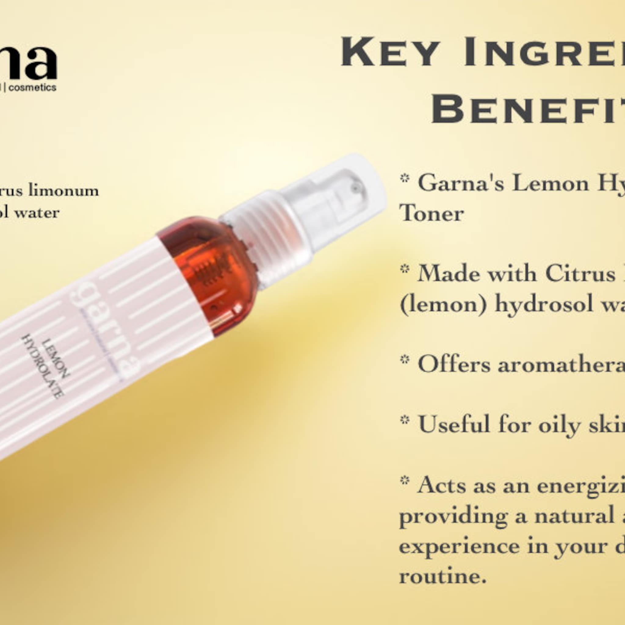 Lemon hydrosol spray bottle, clear with red liquid, white label with "garna" text, angled view