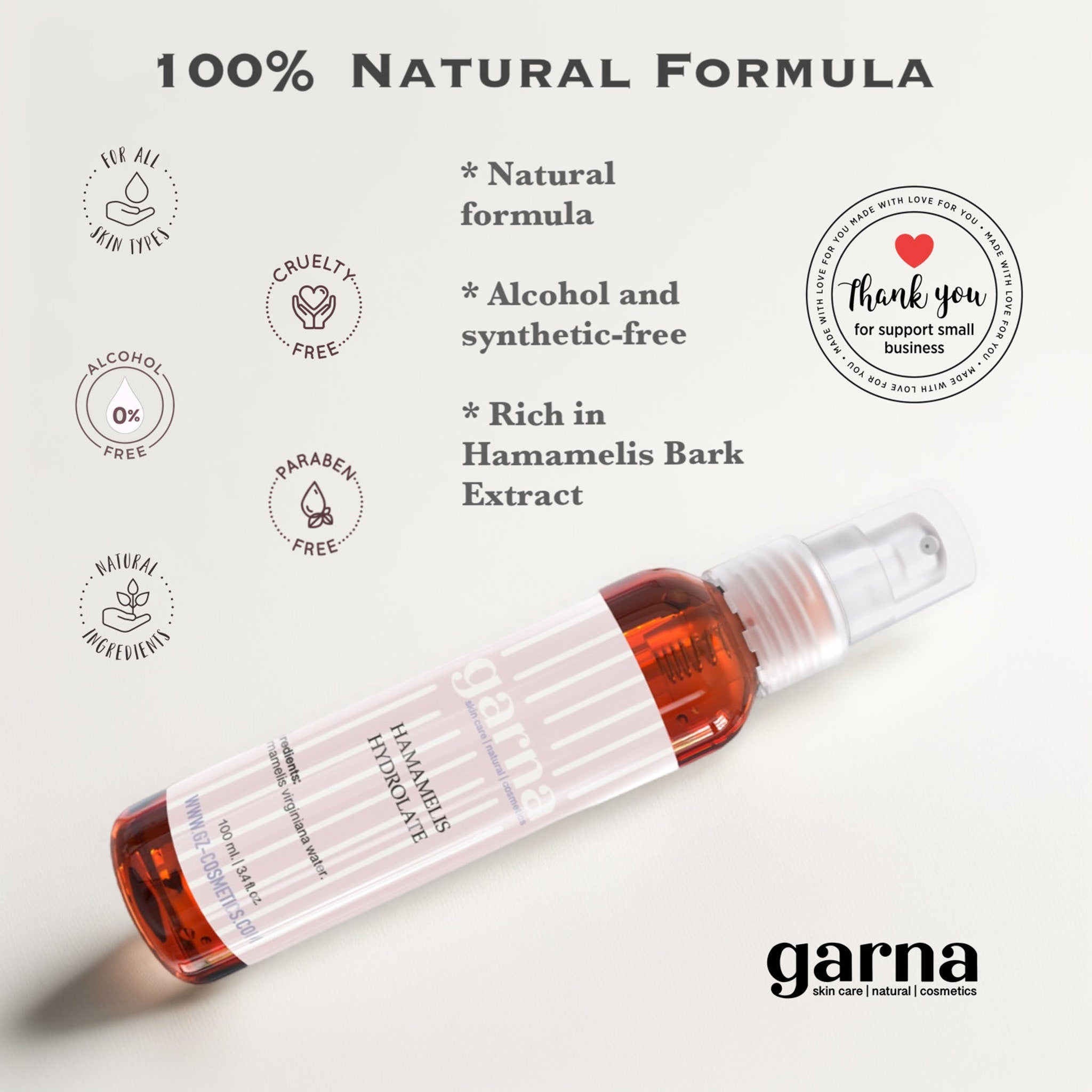 Hydrolate bottle with clear liquid, pink and white label, and "garna" branding on white background
