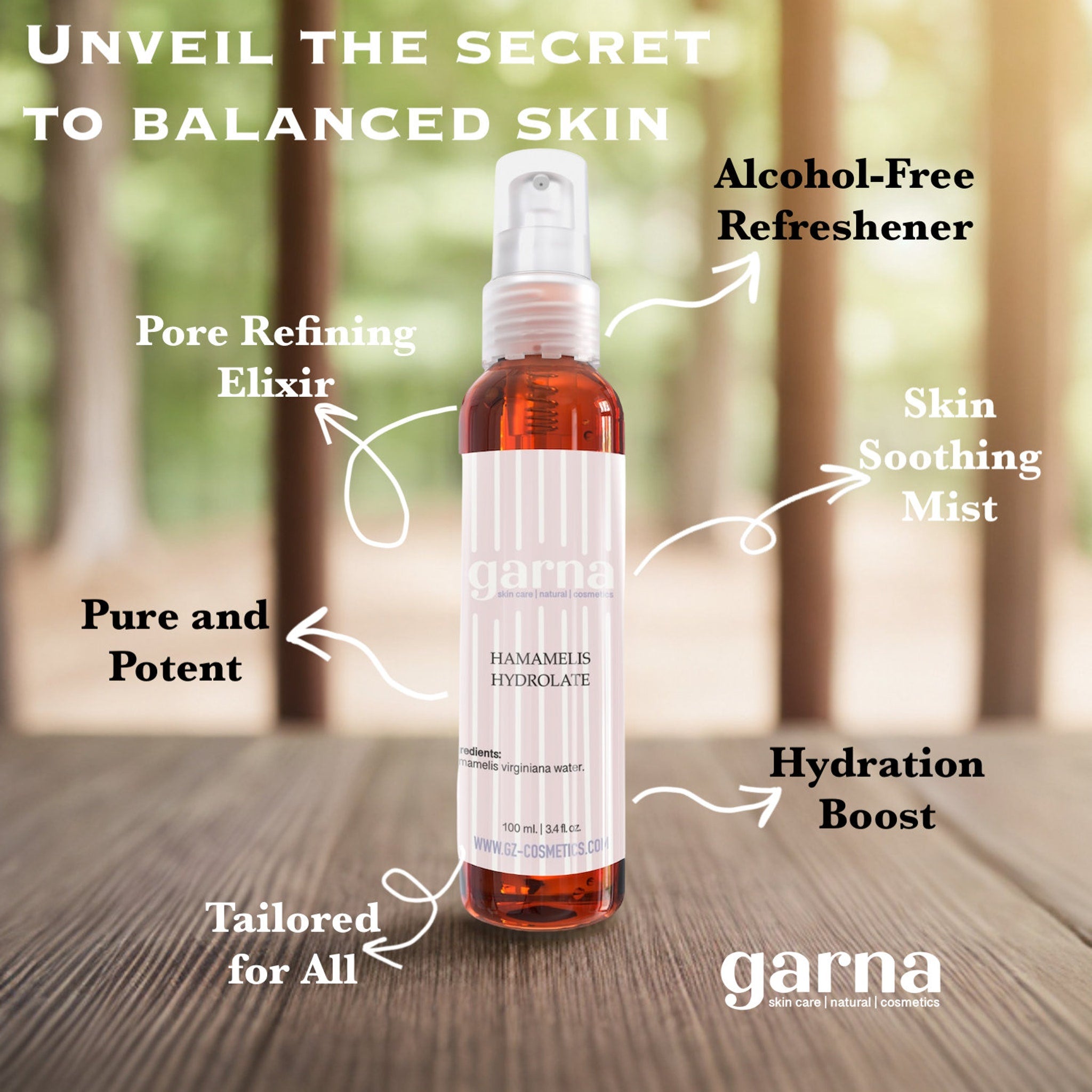 Skin toner bottle with amber liquid, white pump, and garna branding on wood surface