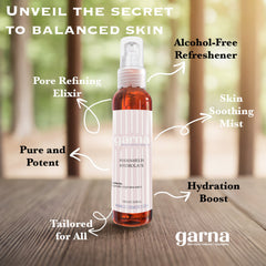 Skin toner bottle with amber liquid, white pump, and garna branding on wood surface
