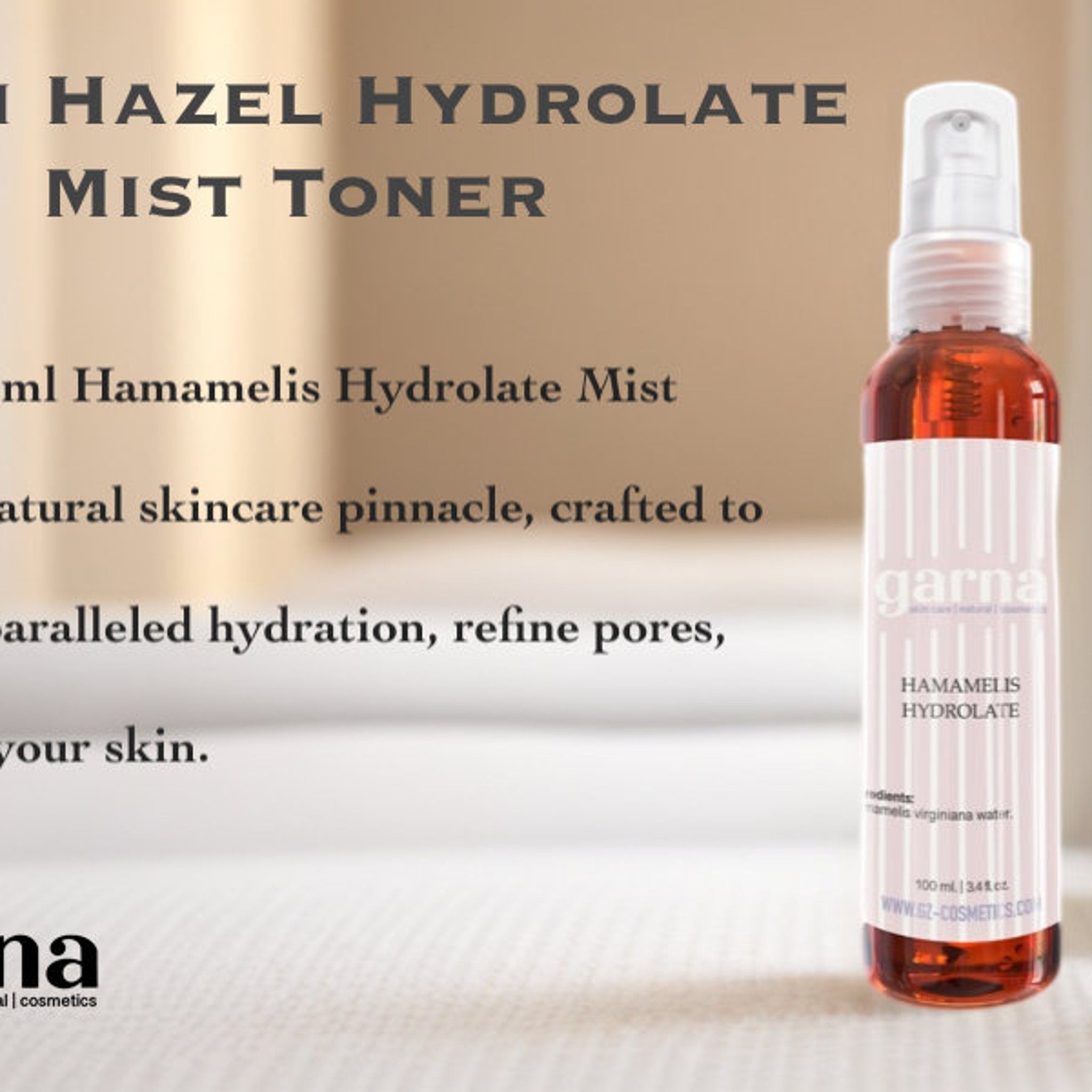 Hydrolate mist toner bottle, amber liquid, white label with vertical stripes, garna brand name visible