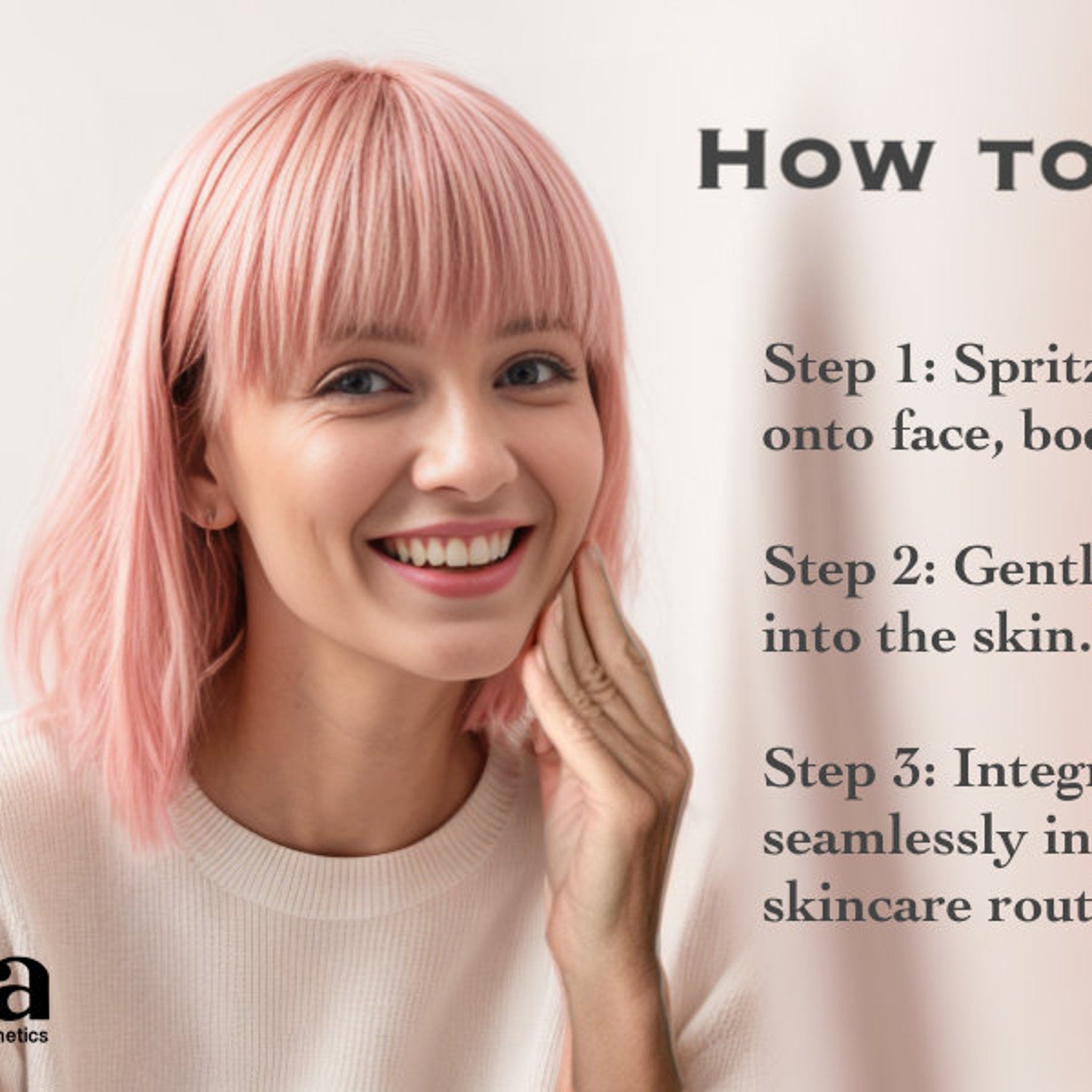 Woman with pink hair touching face, wearing white sweater, skincare instructions visible