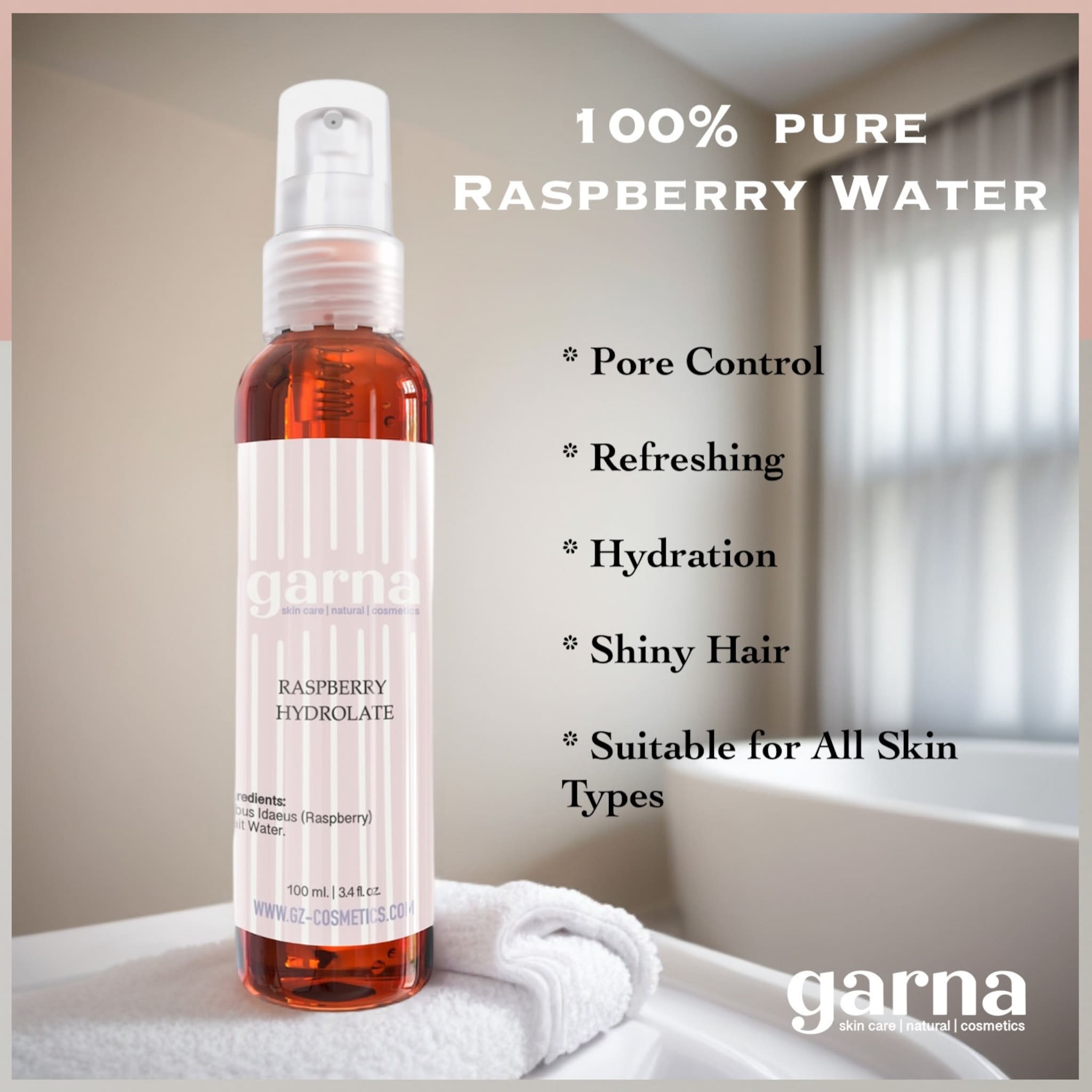 Raspberry Hydrolate bottle, clear with red liquid, white label with pink stripes, Garna brand