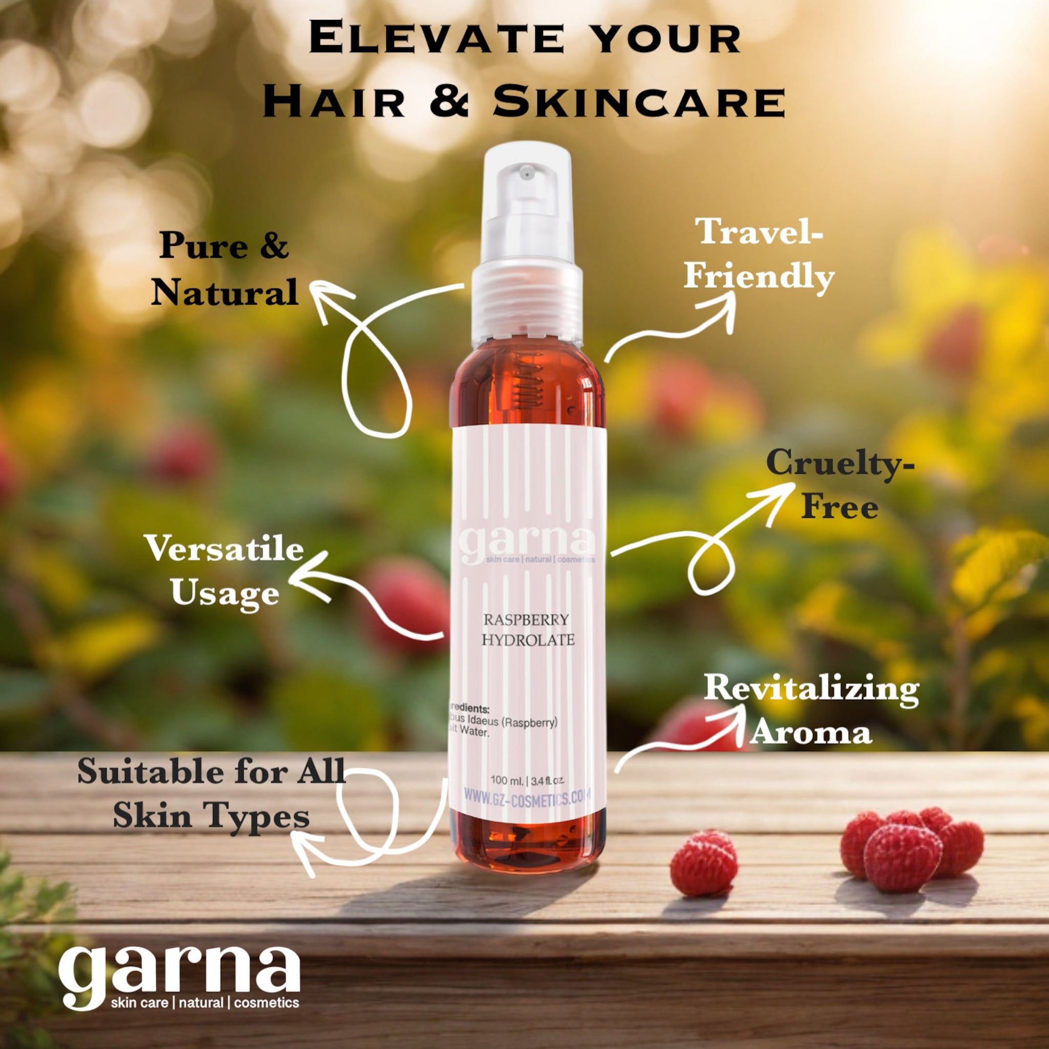Raspberry Hydrolate bottle, clear glass, red liquid, white pump, garna brand