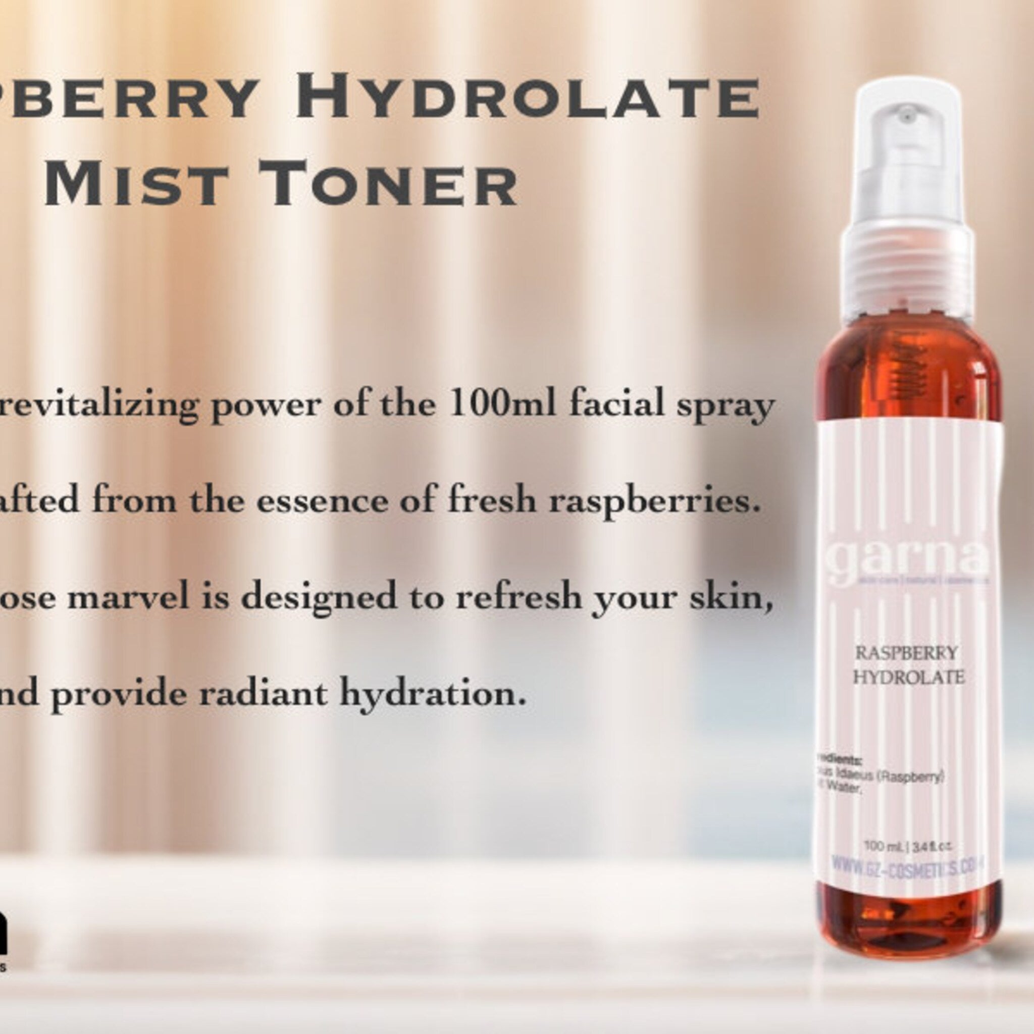 Raspberry Hydrolate mist toner bottle, clear glass, red liquid, white label with brand name garna