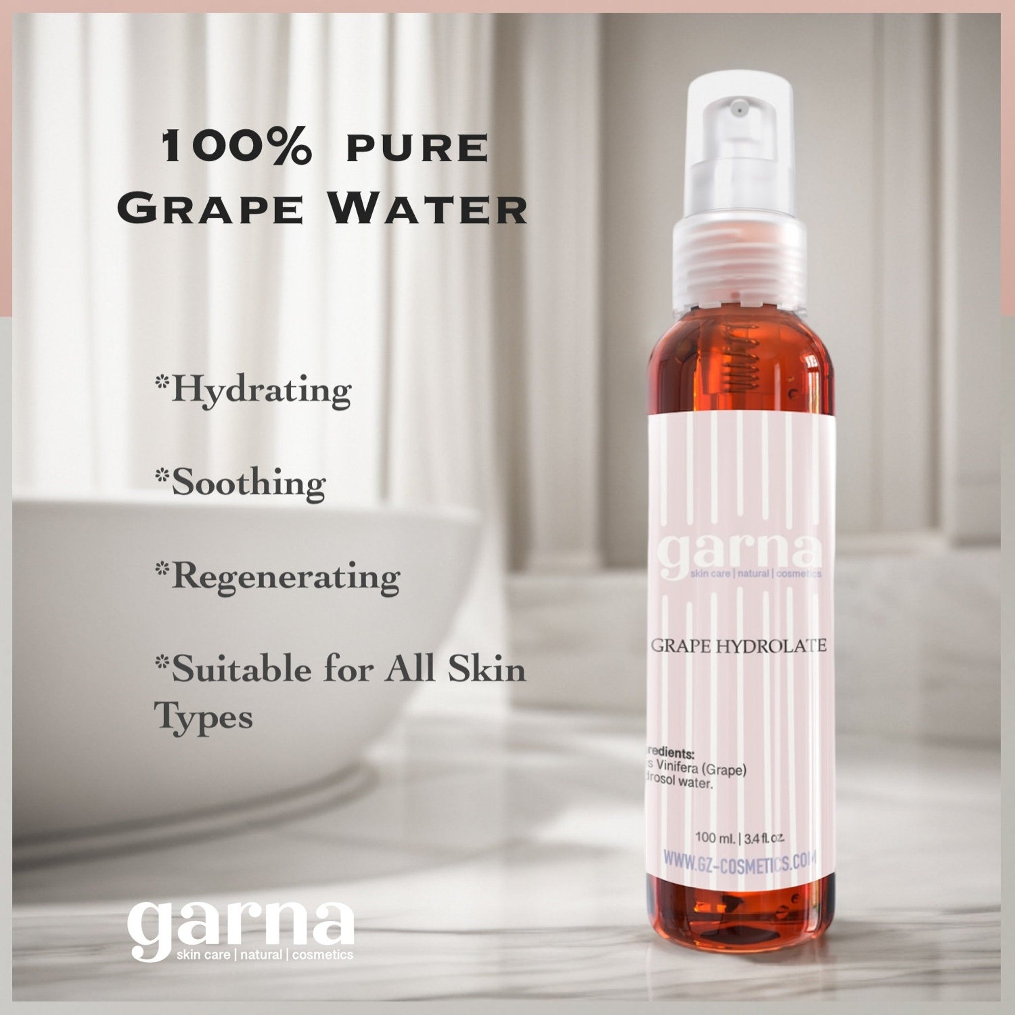 Grape water spray bottle, clear bottle with red liquid, white pump, and garna label