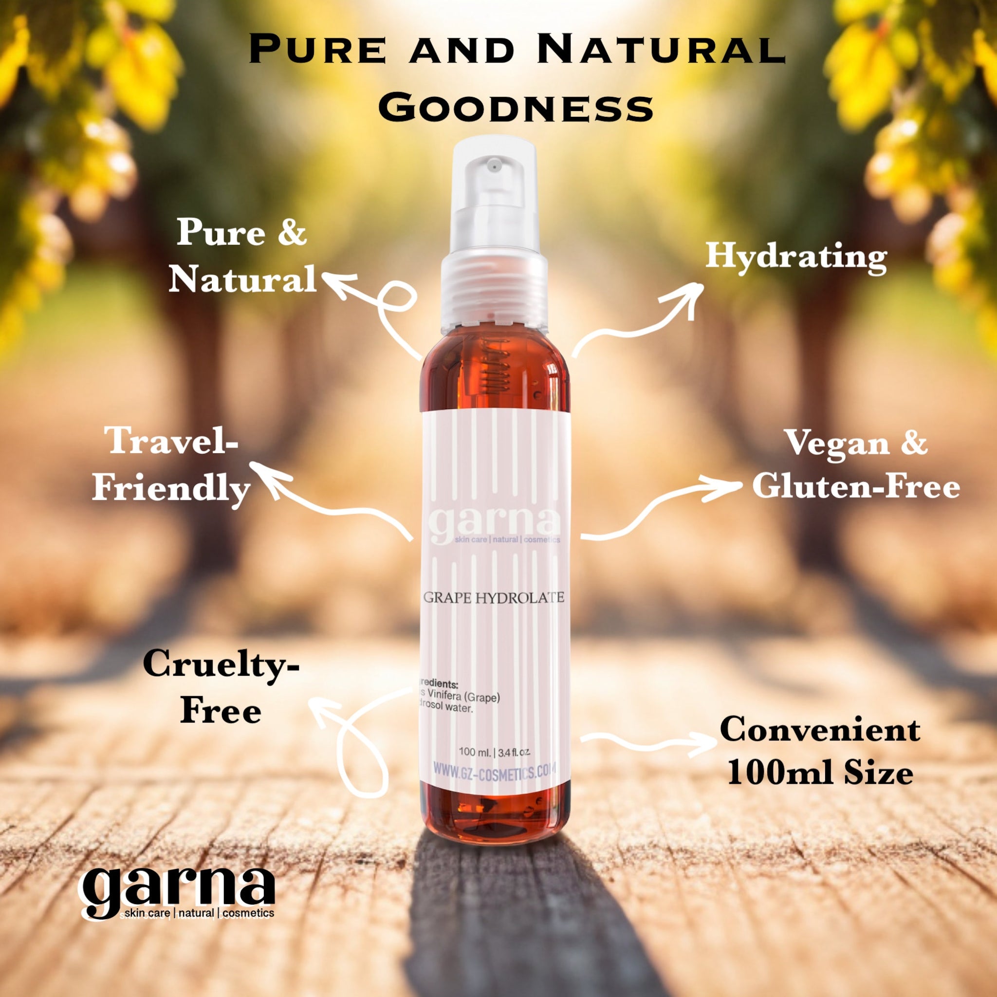 Grape Hydrolate bottle, clear glass, brown liquid, with garna branding and spray top