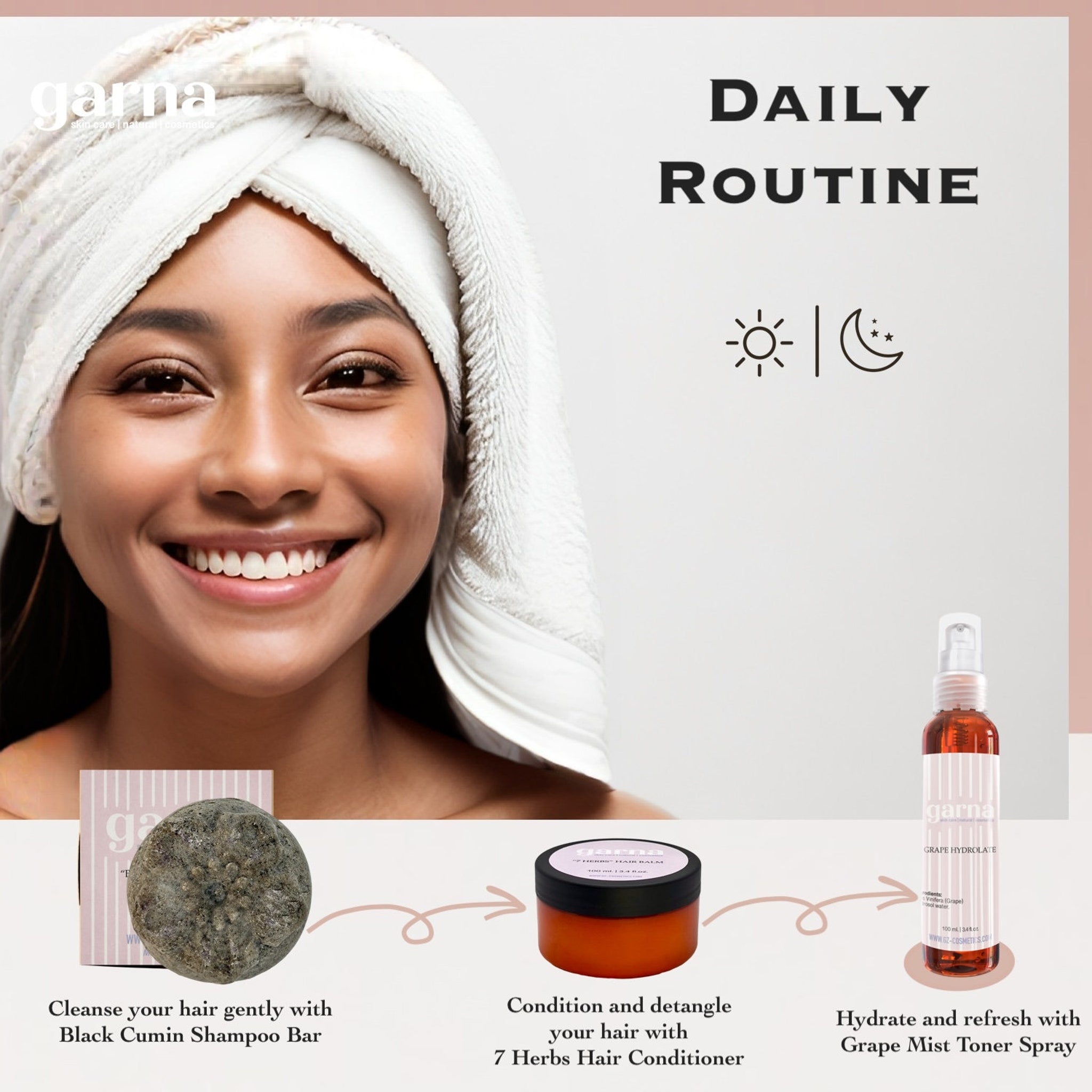 Daily routine image with woman, white towel, and garna products in a row