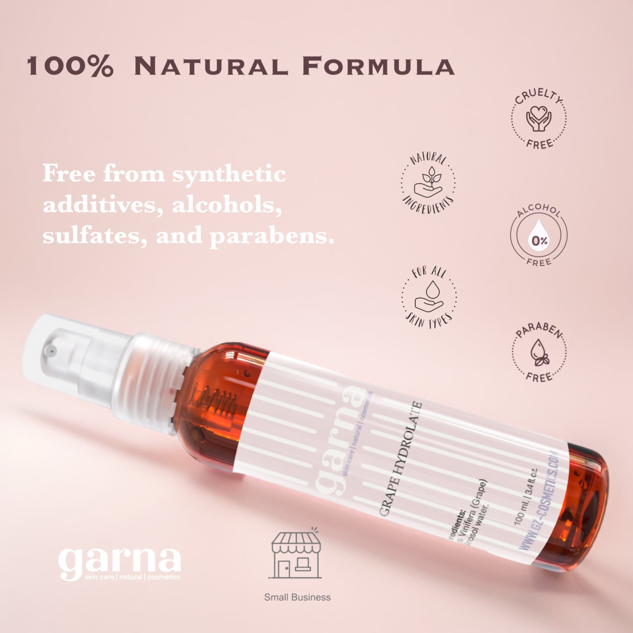 Hydrolate spray bottle, amber liquid, white label with vertical stripes, garna brand visible