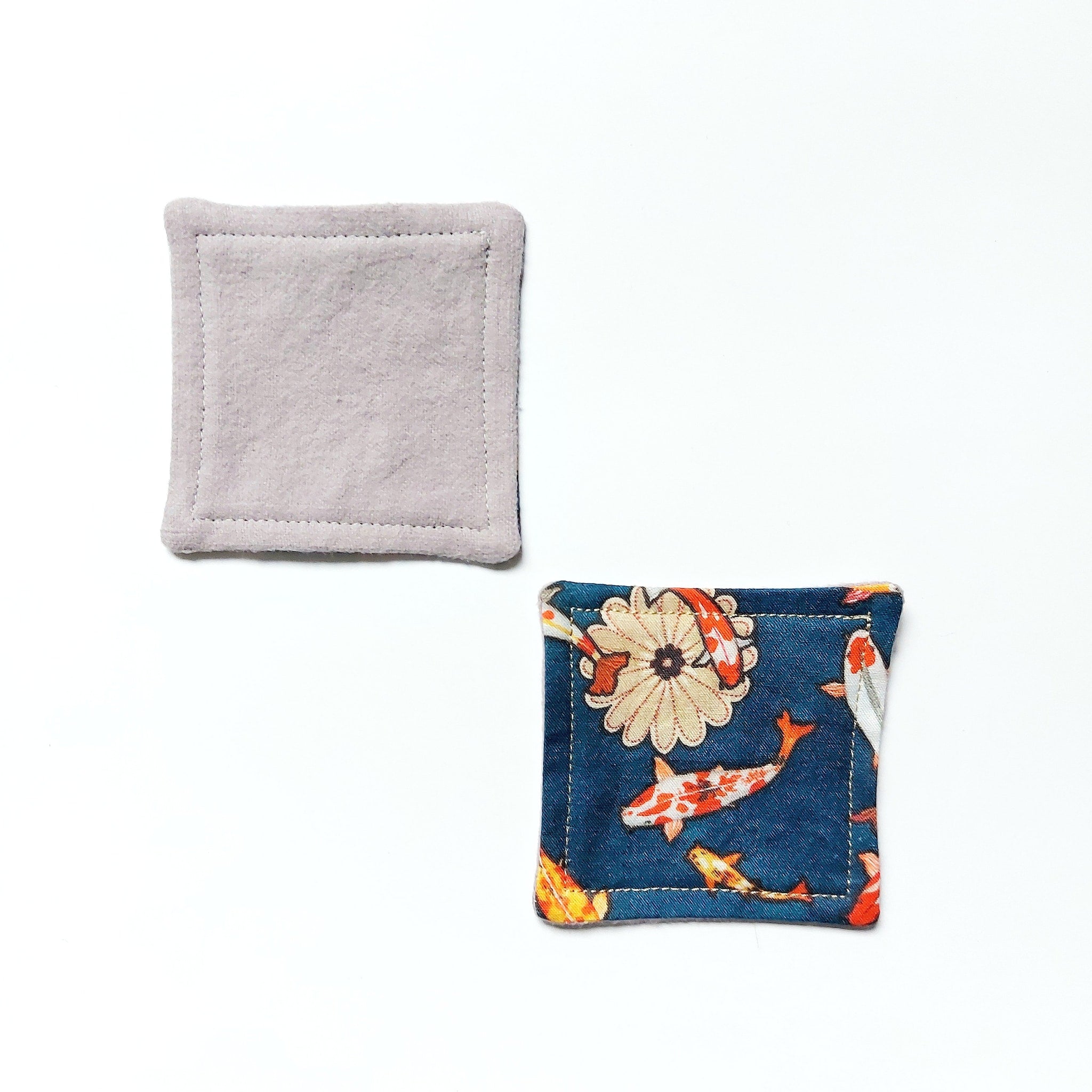 Coasters gray fabric and koi fish print with stitched edges