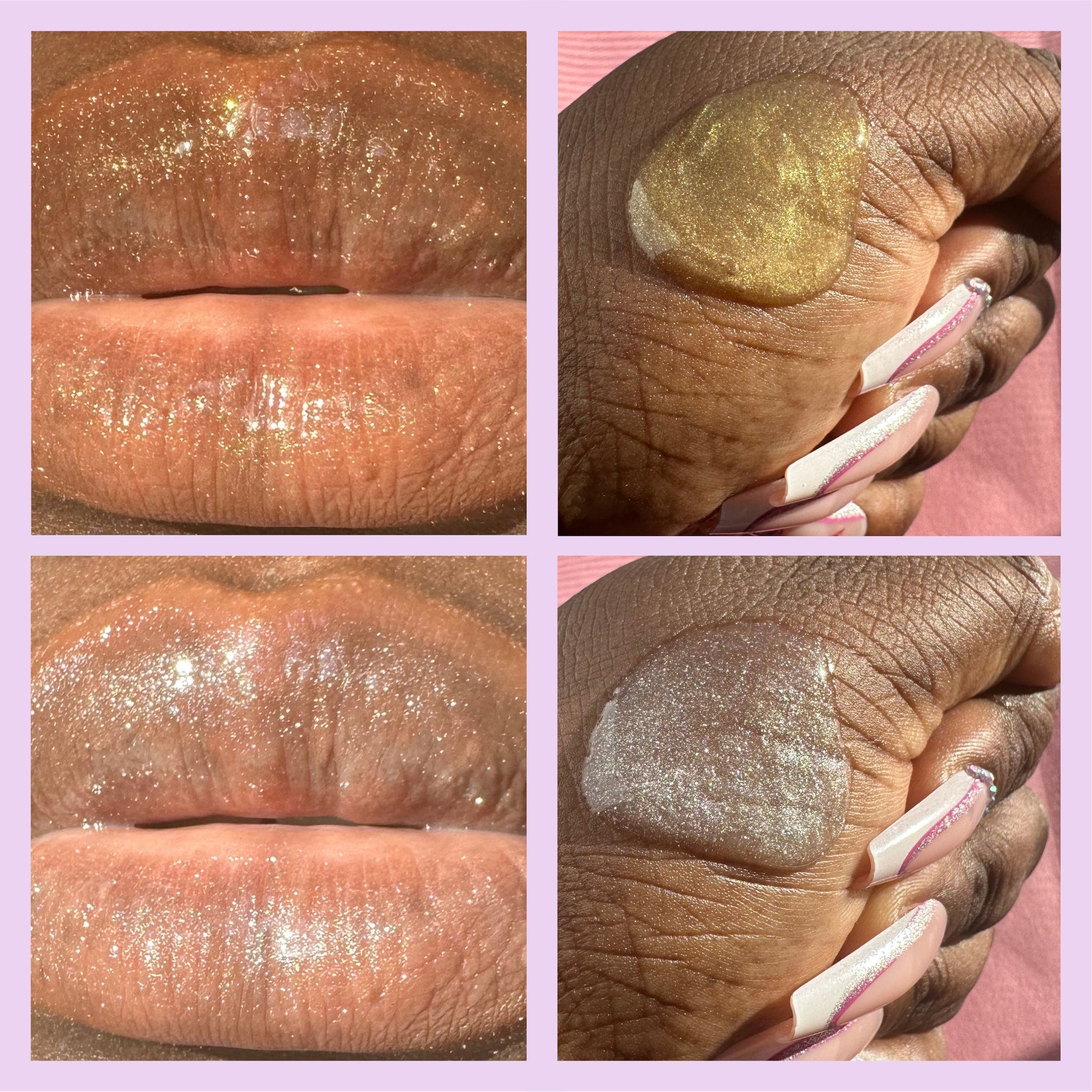 Lip gloss with gold and silver glitter, applied on lips and hand with long nails