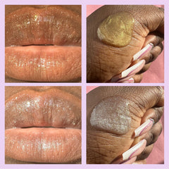 Lip gloss with gold and silver glitter, applied to lips and hand, close-up view