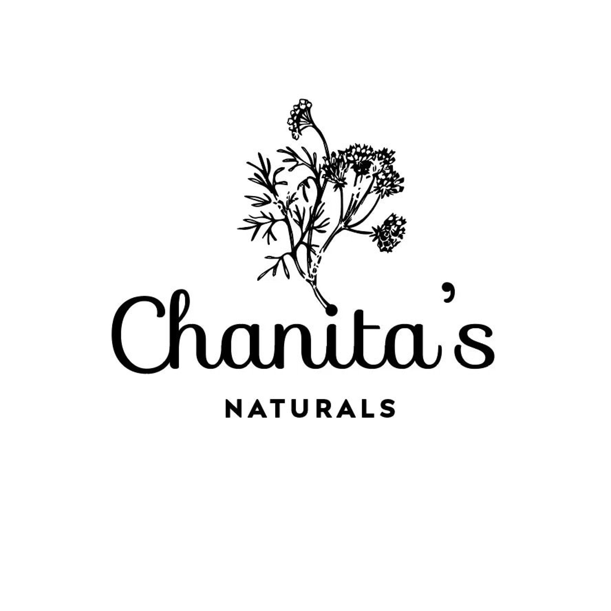 Chanita's Naturals logo, black text and illustration on white background, script font, botanical illustration