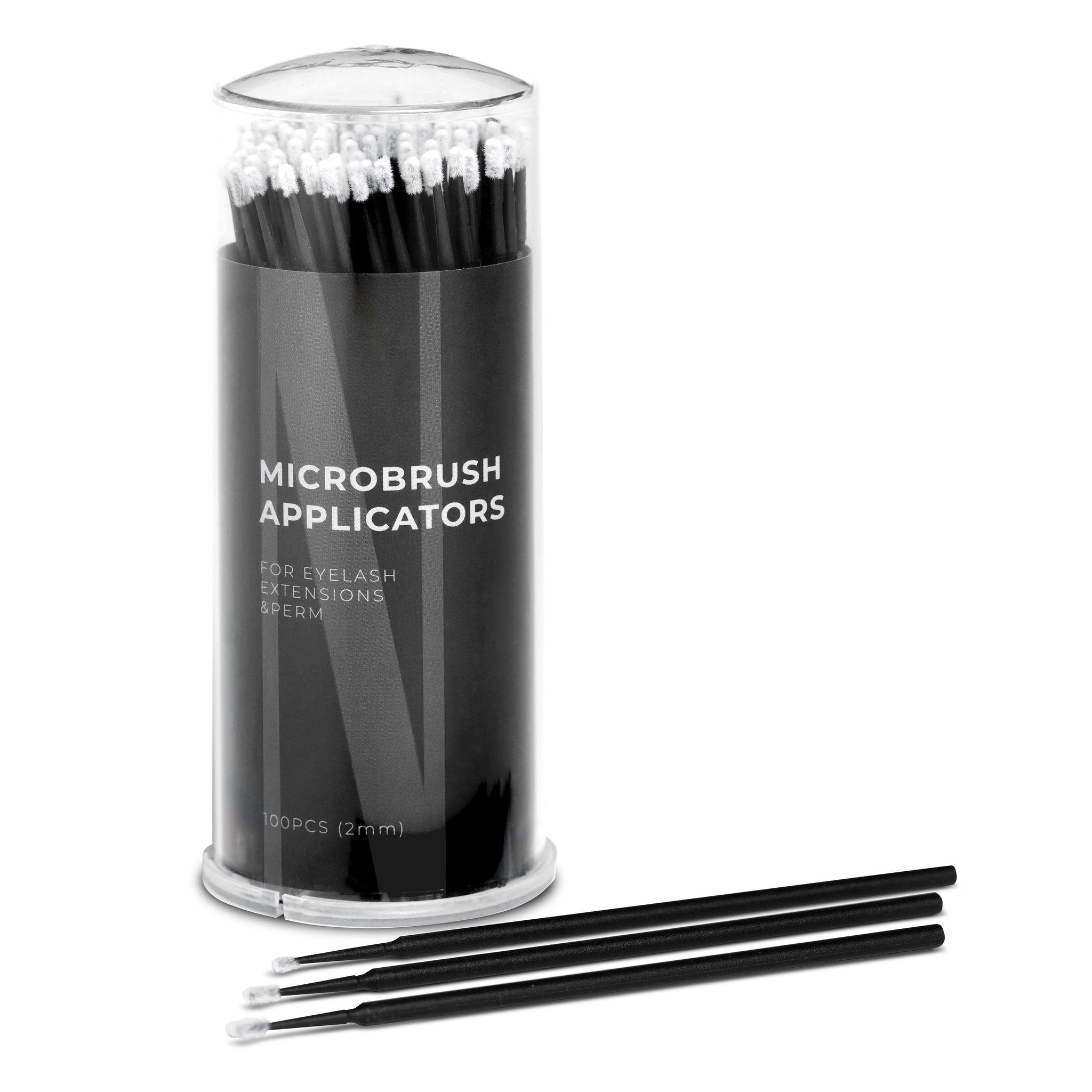 Microbrush applicators in a clear container with black handles and white tips, Nanolash visible text