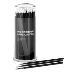 Microbrush applicators in a clear container with black handles and white tips, Nanolash visible text