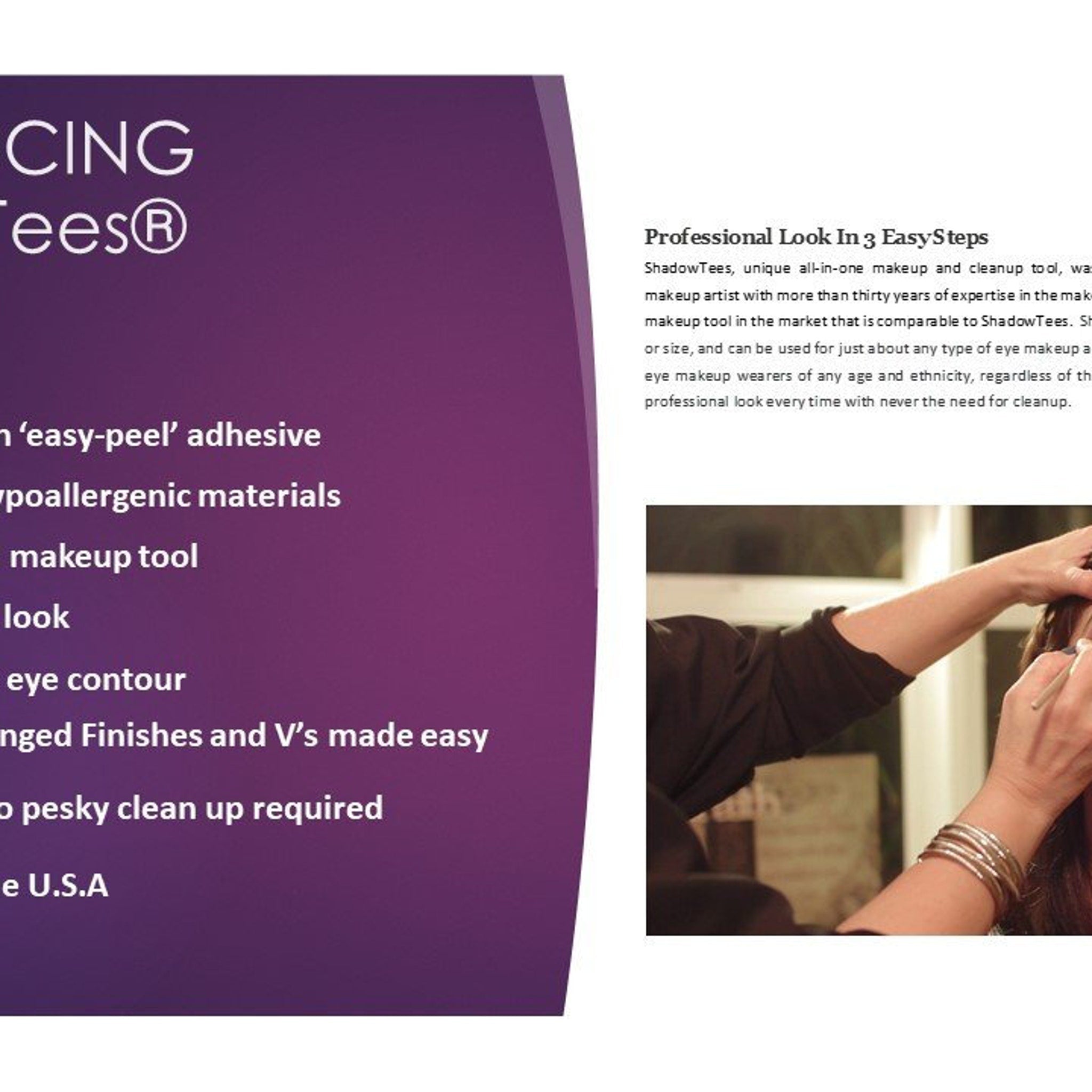 Makeup tool with purple and white text, hand applying makeup, ShadowTees brand visible