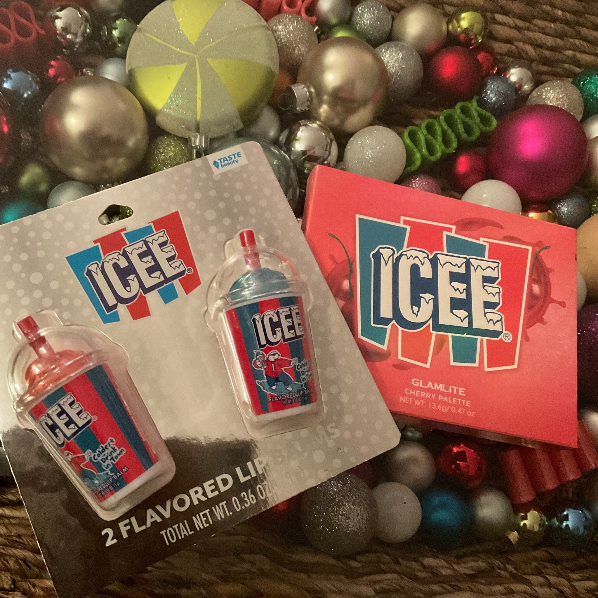 Glamlite ICEE Cherry Eyeshadow Palette featuring vibrant pink and red shades with matching glossy lip gloss