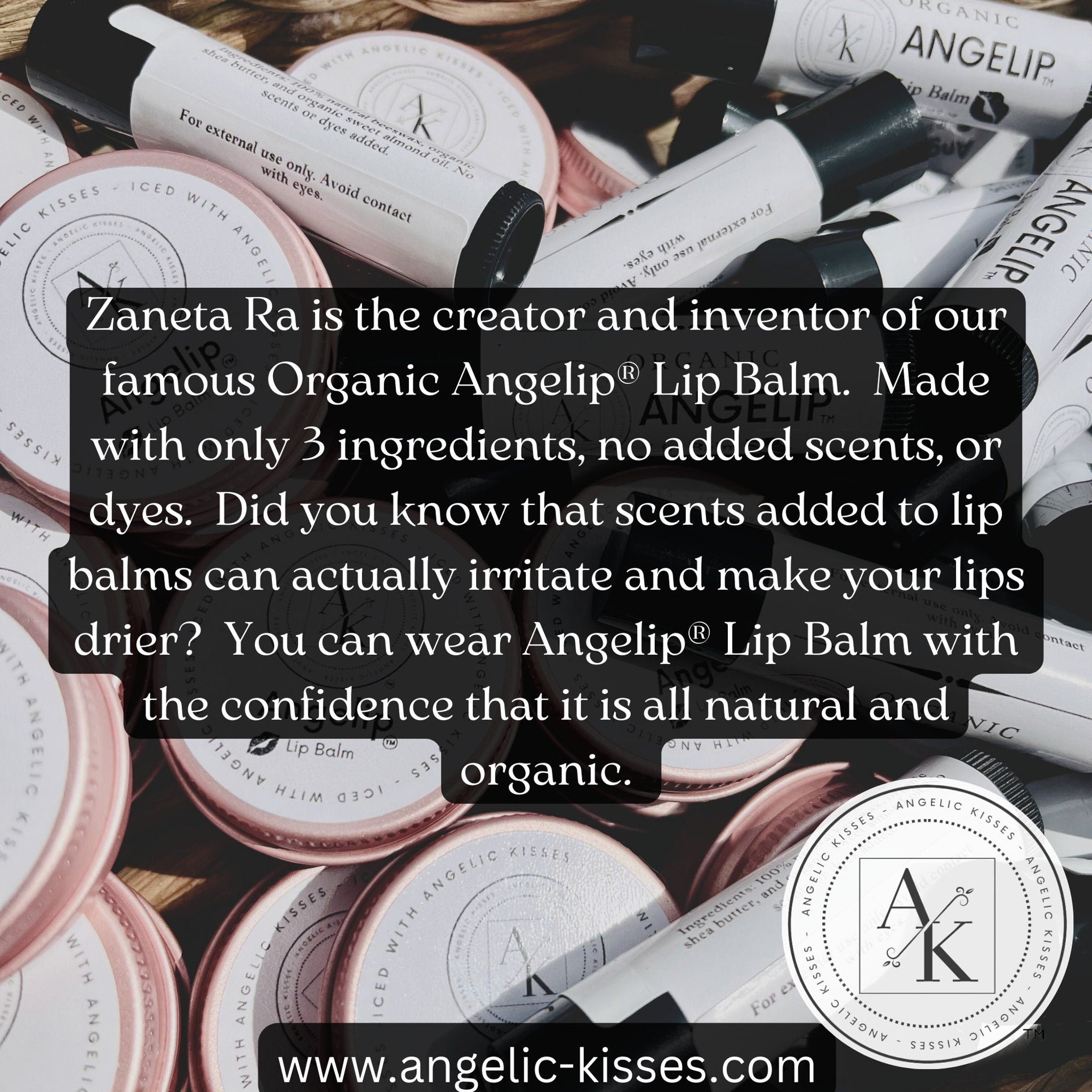 Lip balm tubes and tins in white and pink with black text, "Angelip" brand visible