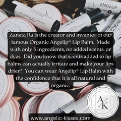 Lip balm tubes and tins in white and pink with black text, "Angelip" brand visible
