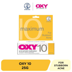 White plastic squeeze tube of Oxy 10 acne treatment lotion with blue text and orange accents, 25g size