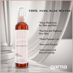 Aloe Hydrolate spray bottle, amber liquid, white and pink label, garna brand visible