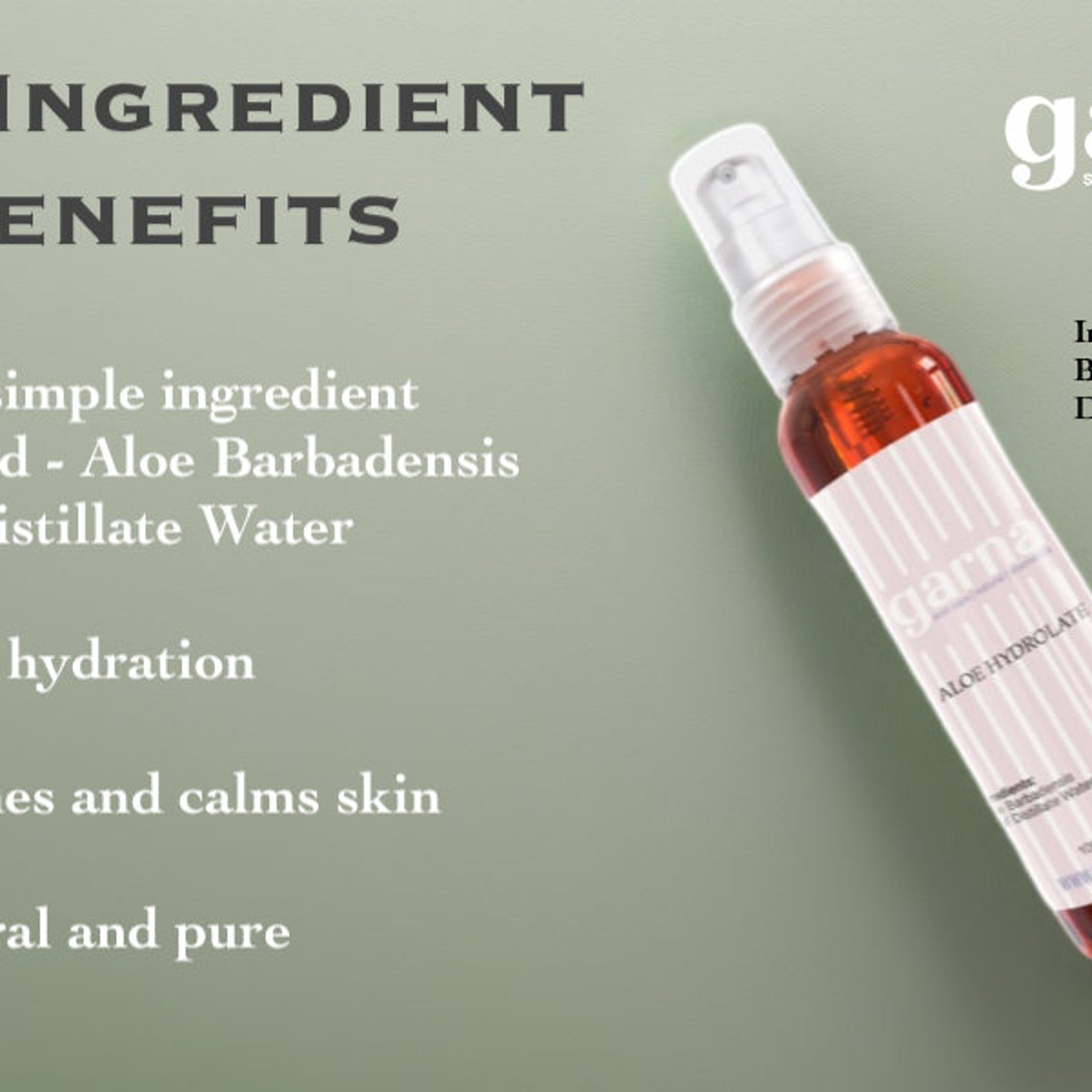 Aloe hydrolate bottle with clear and white dispenser, orange liquid, and "garna" label.