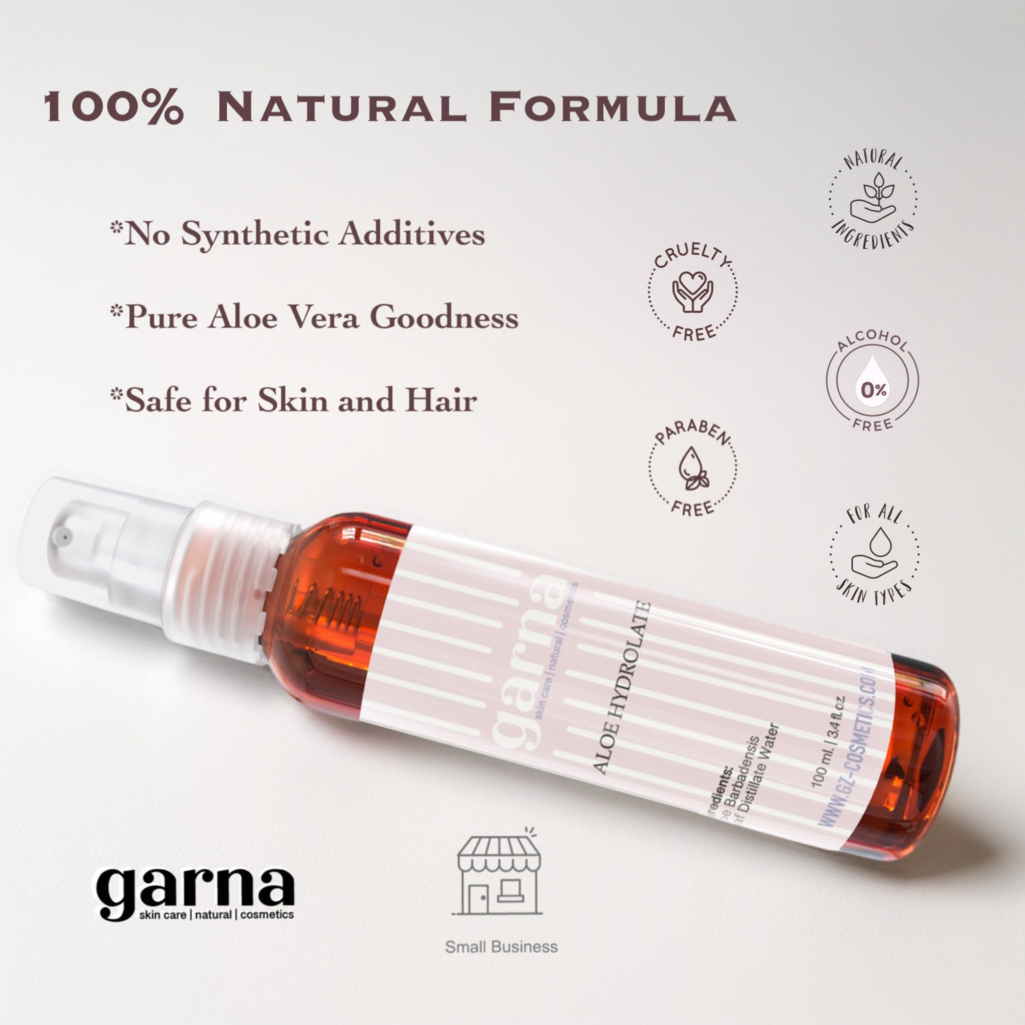 Aloe Hydrolate bottle, amber liquid, white label with pink stripes, garna brand visible