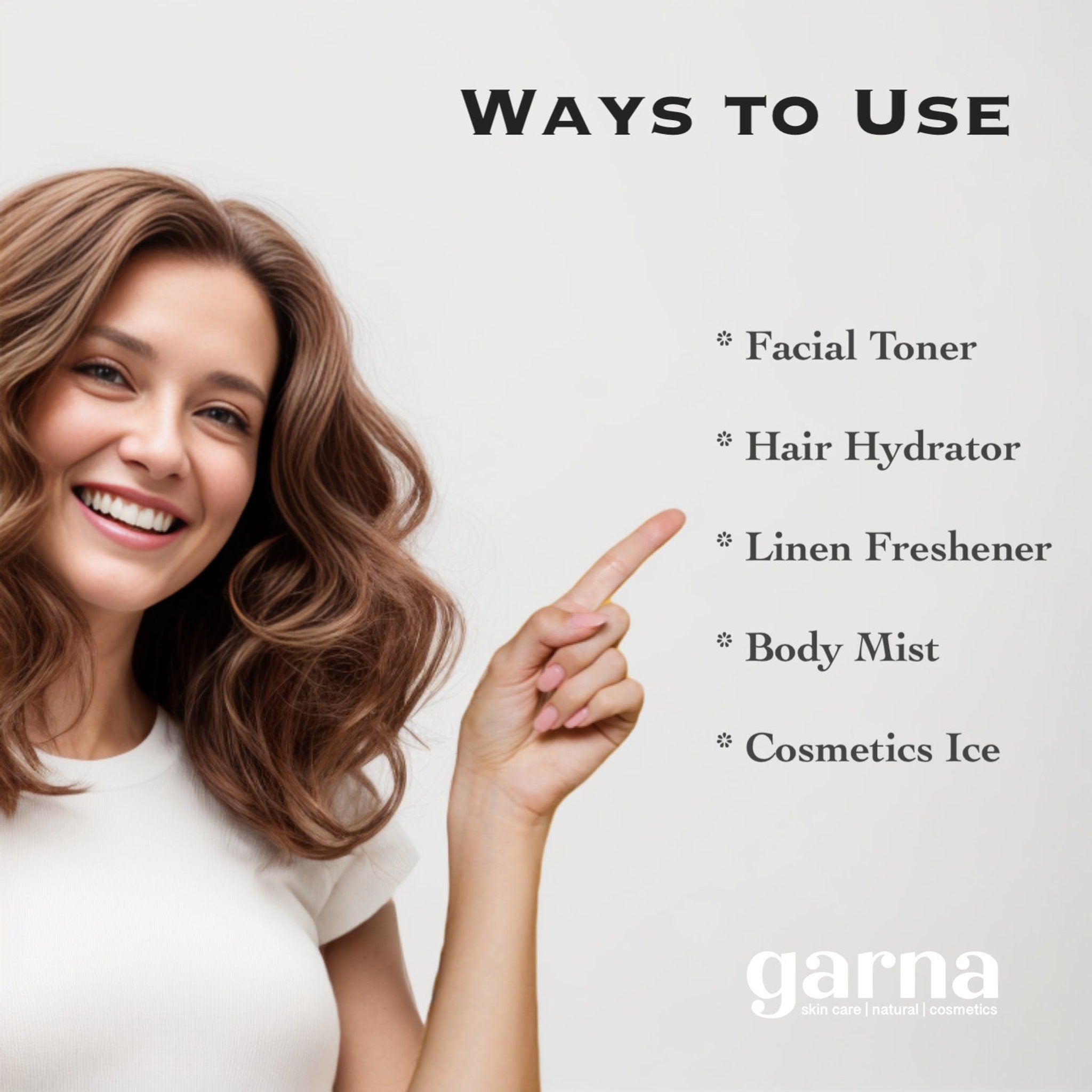 Woman pointing at text, brown hair, white shirt, garna skin care logo below text