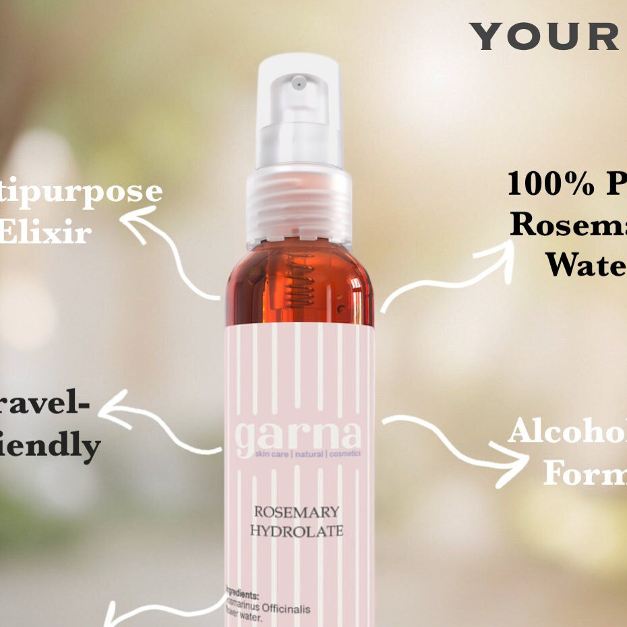 Rosemary Hydrolate spray bottle, clear with brown liquid, pink and white striped label, "garna" brand name visible