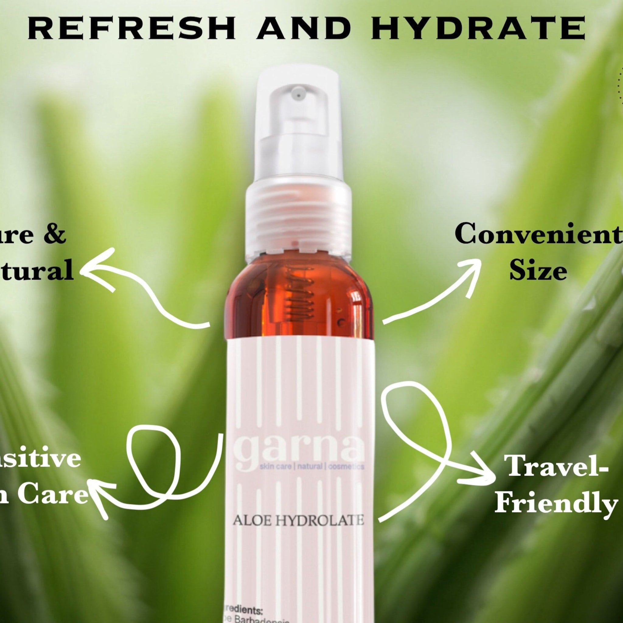 Aloe Hydrolate bottle with clear pump, brown liquid, and pink striped label, garna brand