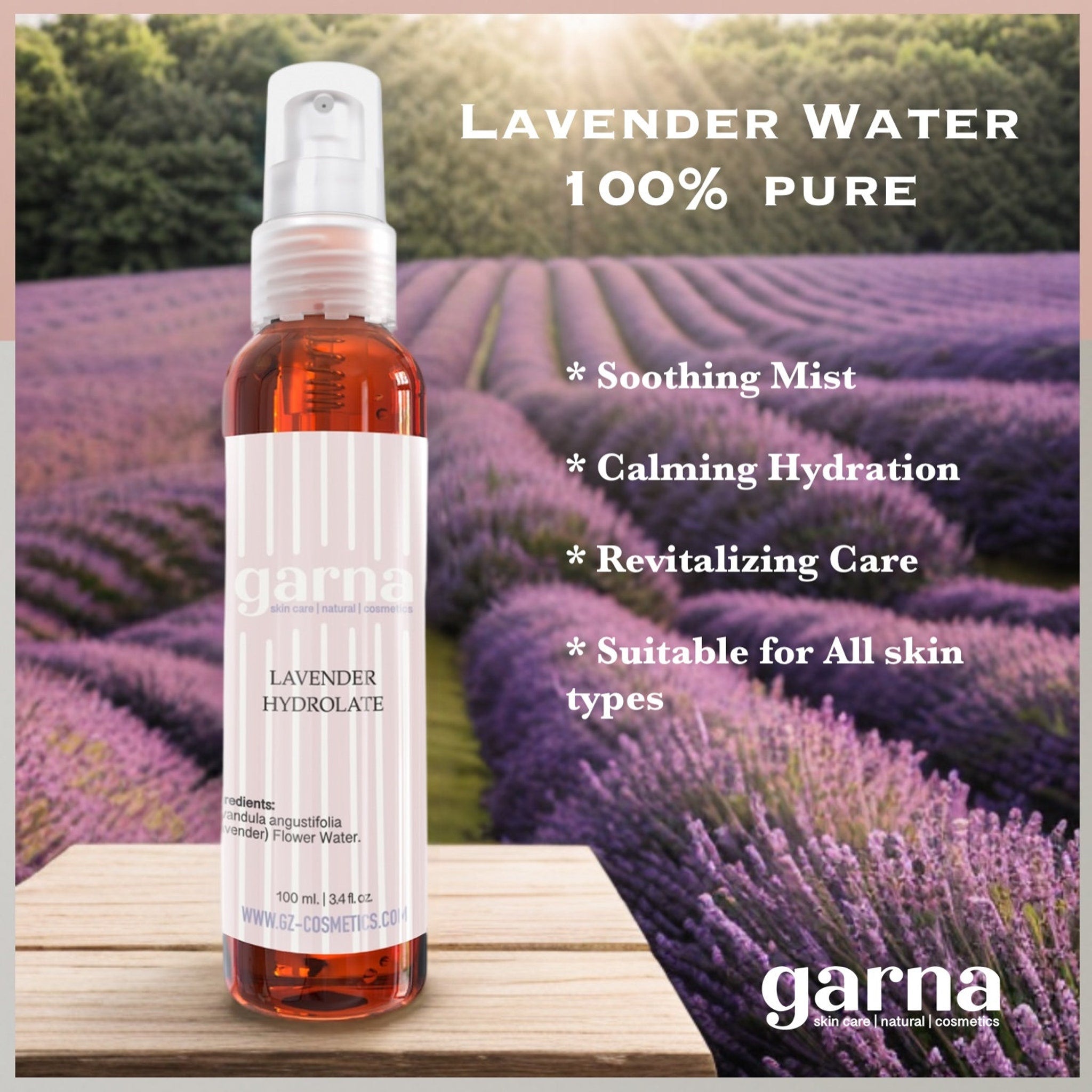 Lavender Hydrolate bottle with clear, orange liquid and white label, Garna brand