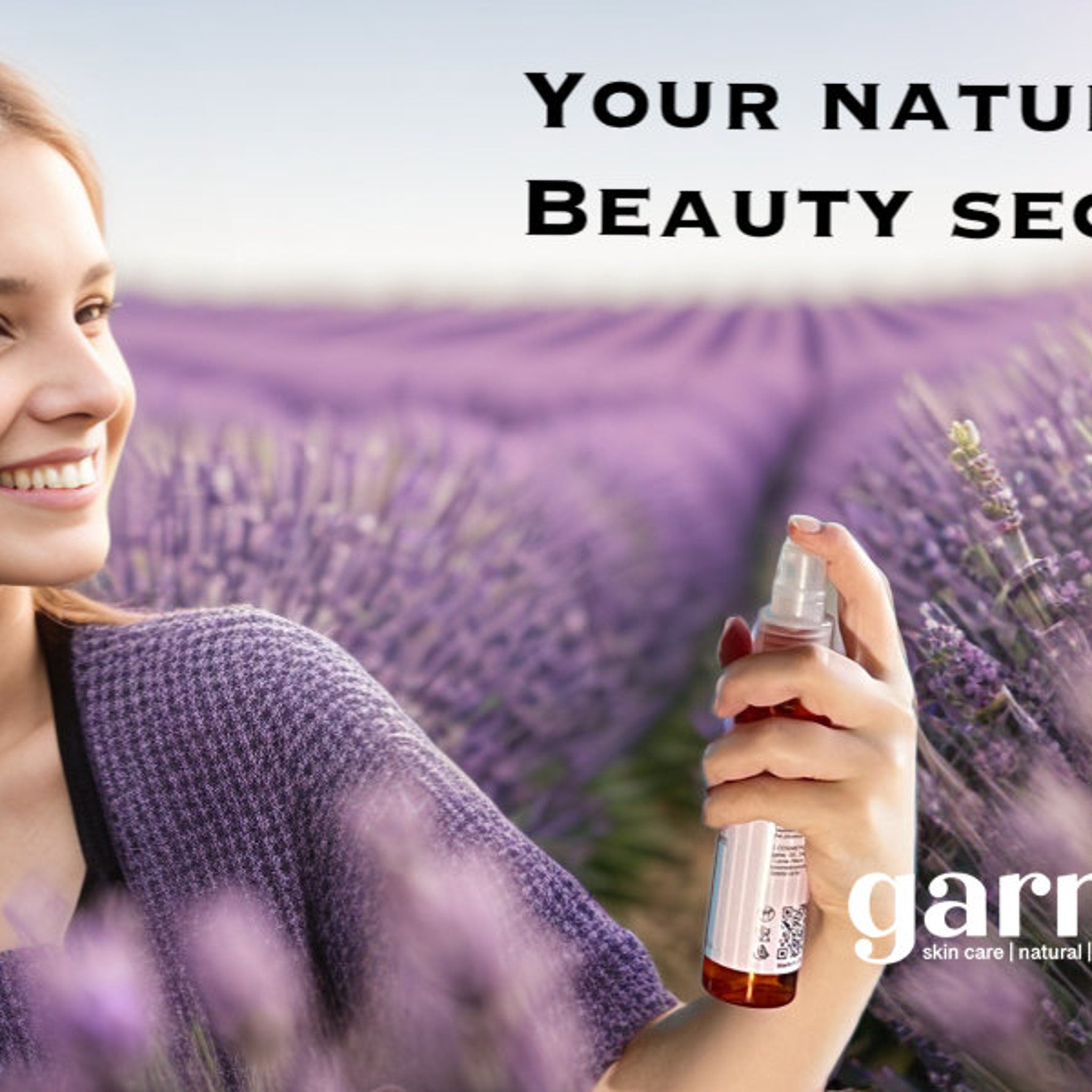 Skin care product with clear spray bottle, woman in purple sweater, and garr skin care logo
