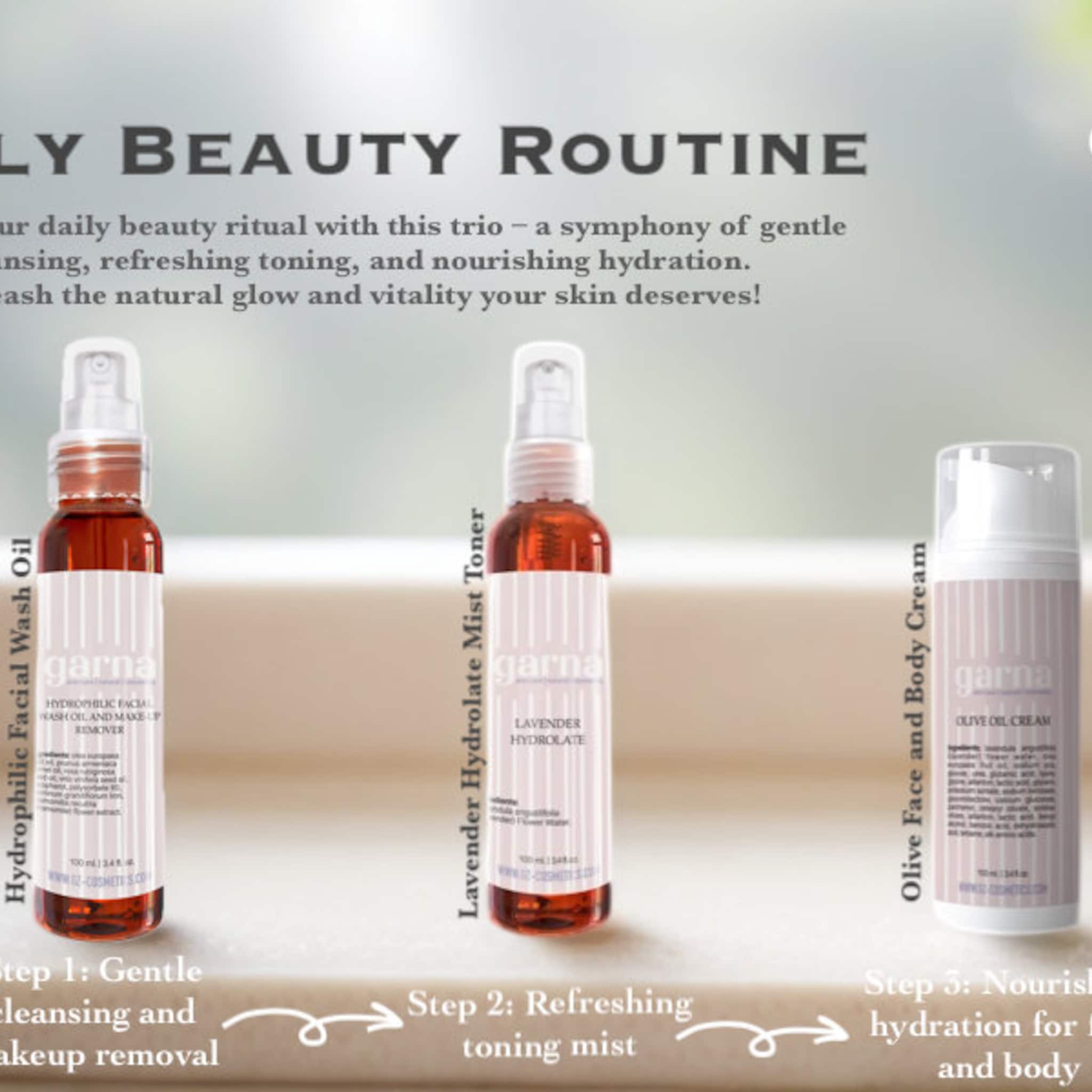 Skincare routine with brown bottles, white labels, and garna branding for cleansing, toning, and hydration