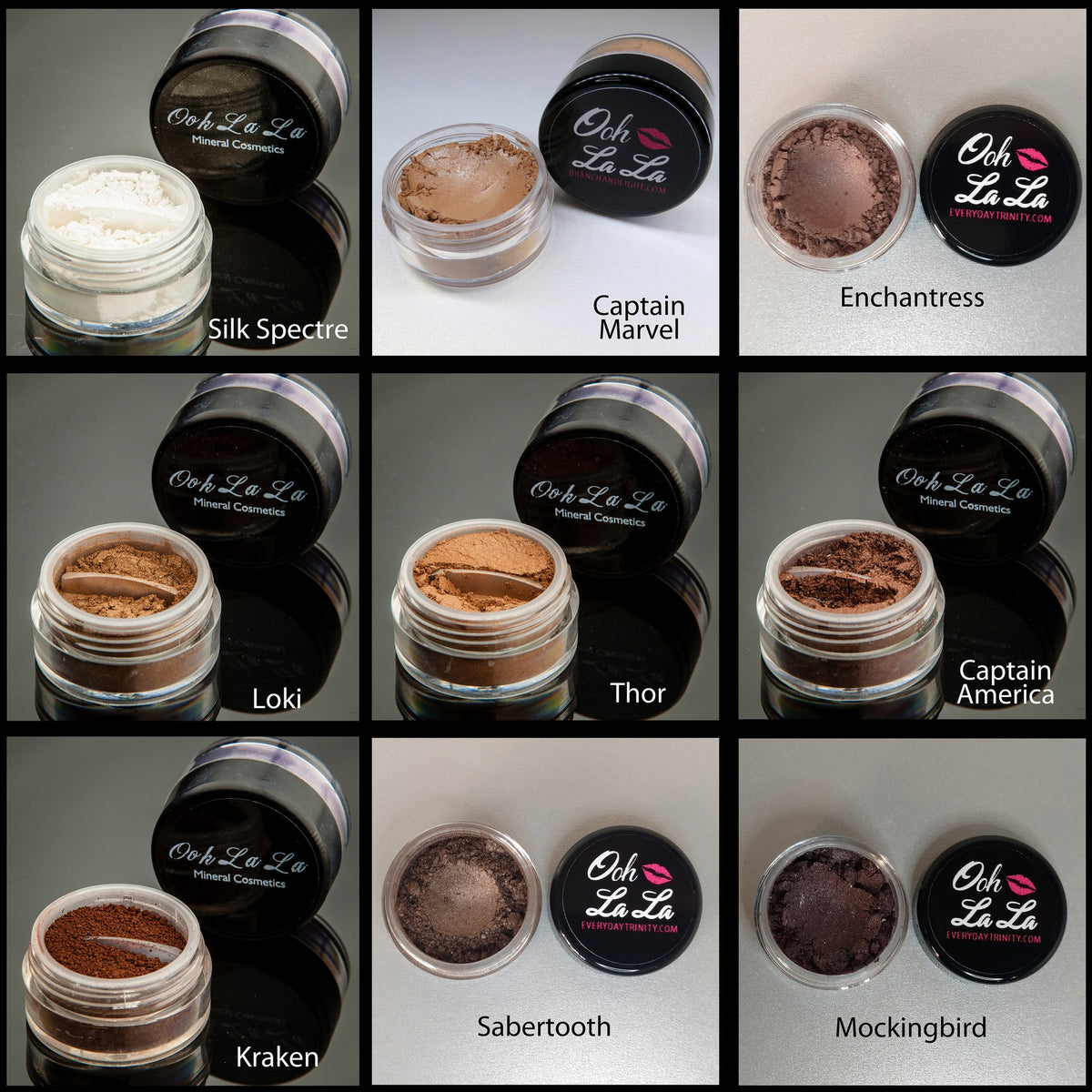 Small glass jar of natural vegan mineral eye shadow in warm brown and neutral shades with matte finish