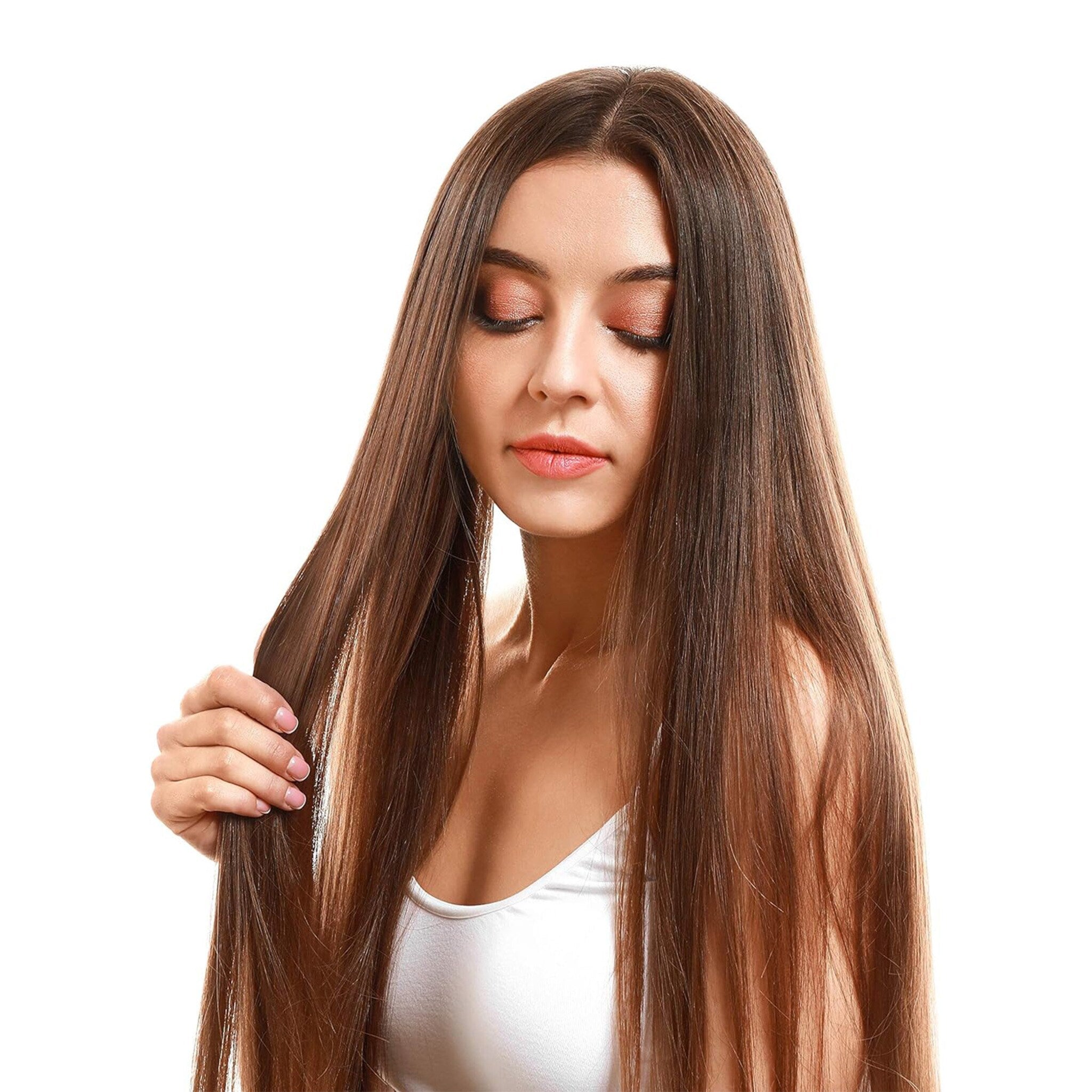 Long brown hair with straight style and woman holding strands